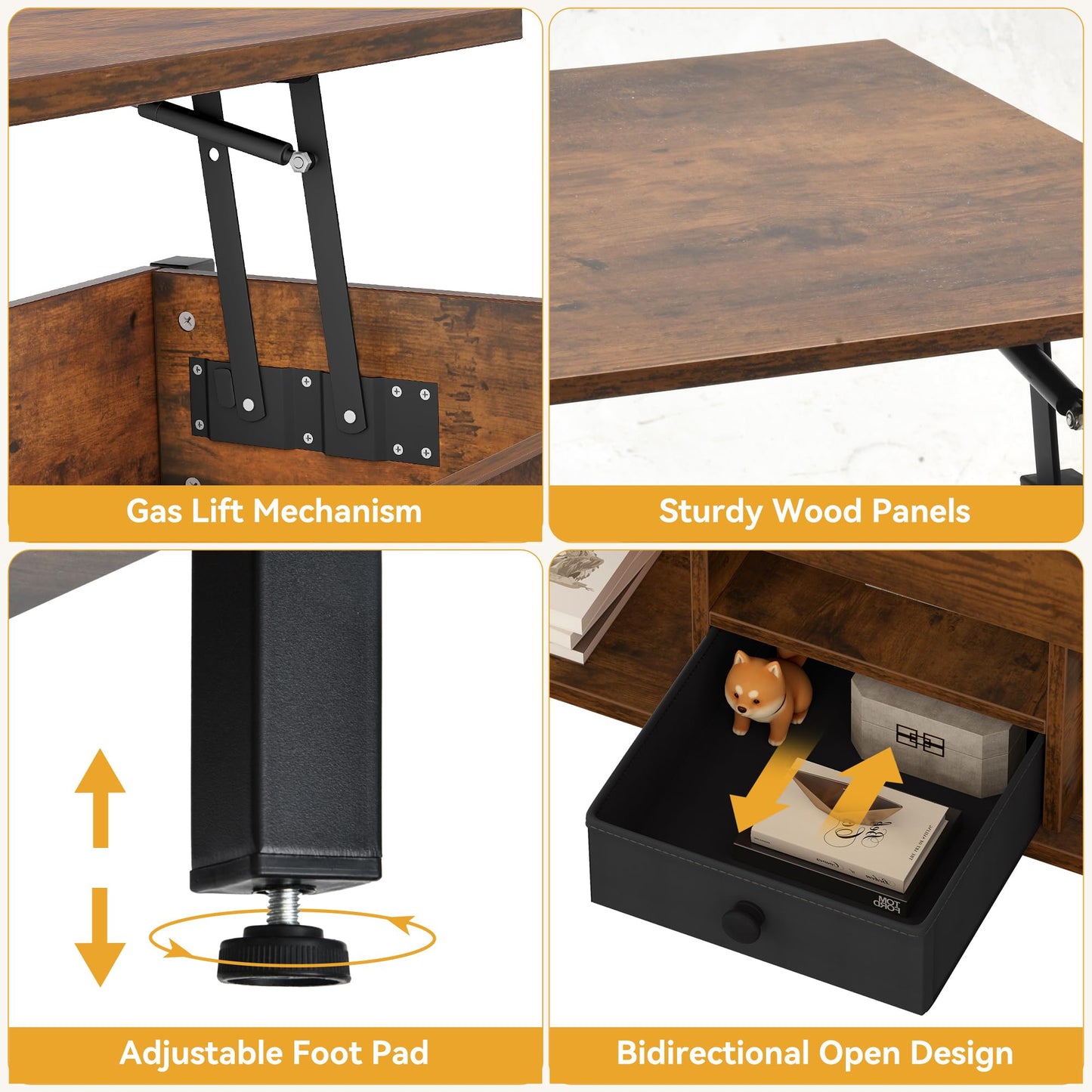 DWVO Lift Top Coffee Table, Converts to Dining Table, Features Drawers & Hidden Storage, Multi-Functional Coffee Table Living Room, Rustic Brown