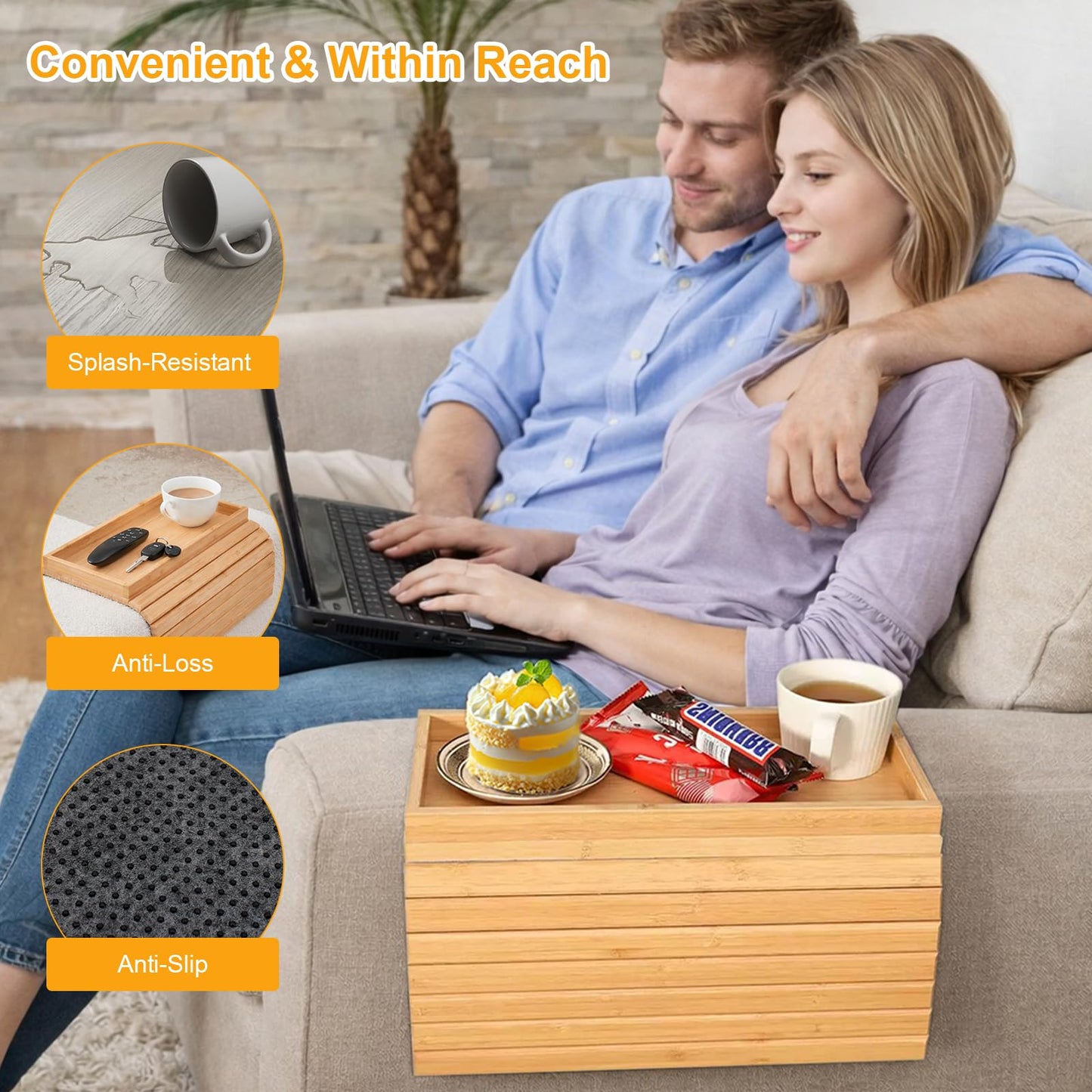 Sythrix Bamboo Sofa Arm Tray, Foldable Couch Armchair Tray, Sofa Arm Table, Sofa Armrest Tray