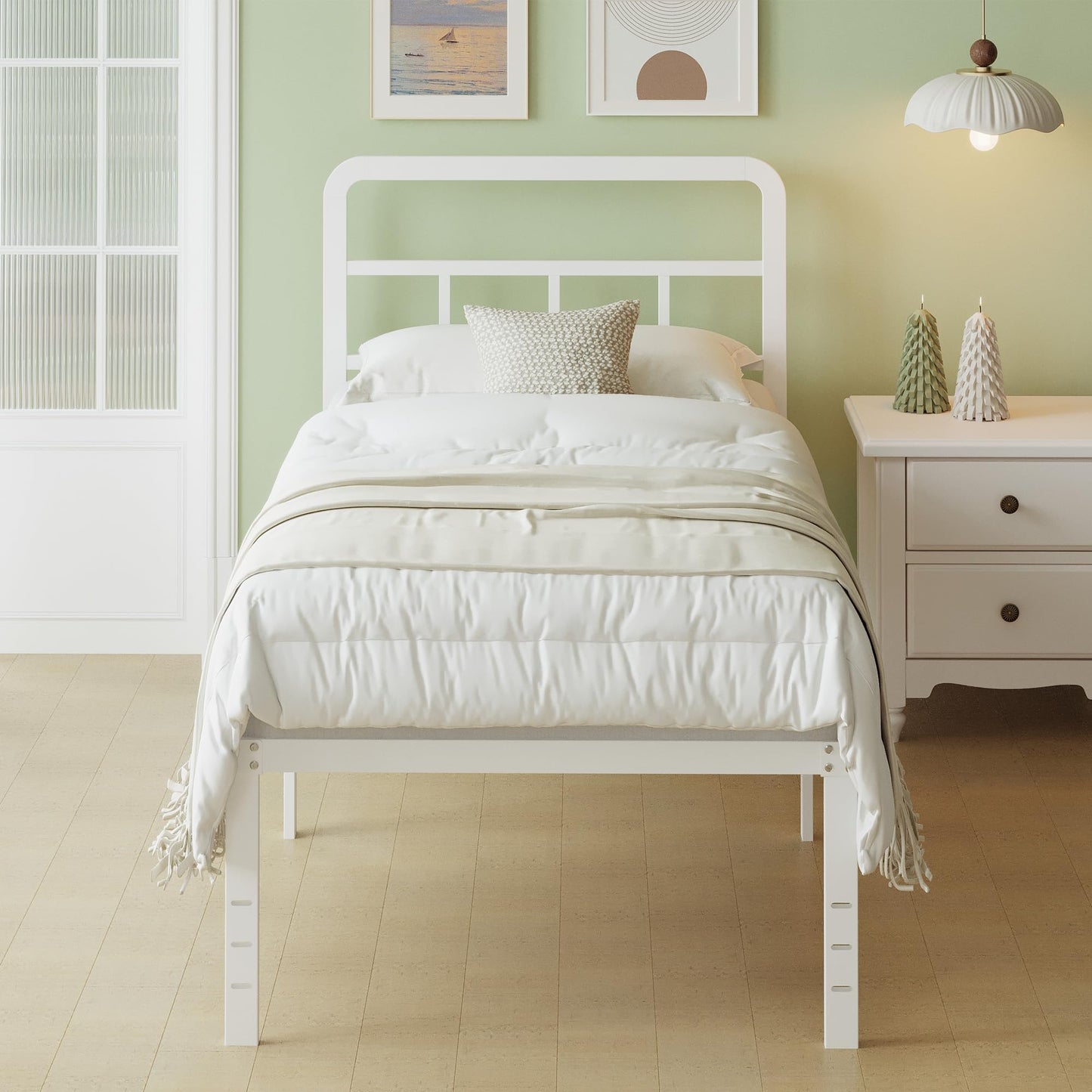 Lutown-Teen Single Bed Frame 3ft with Curved Headboard, Heavy Duty Metal Single Bed Frame 46 cm High with Steel Slats, Under-bed Storage, Easy