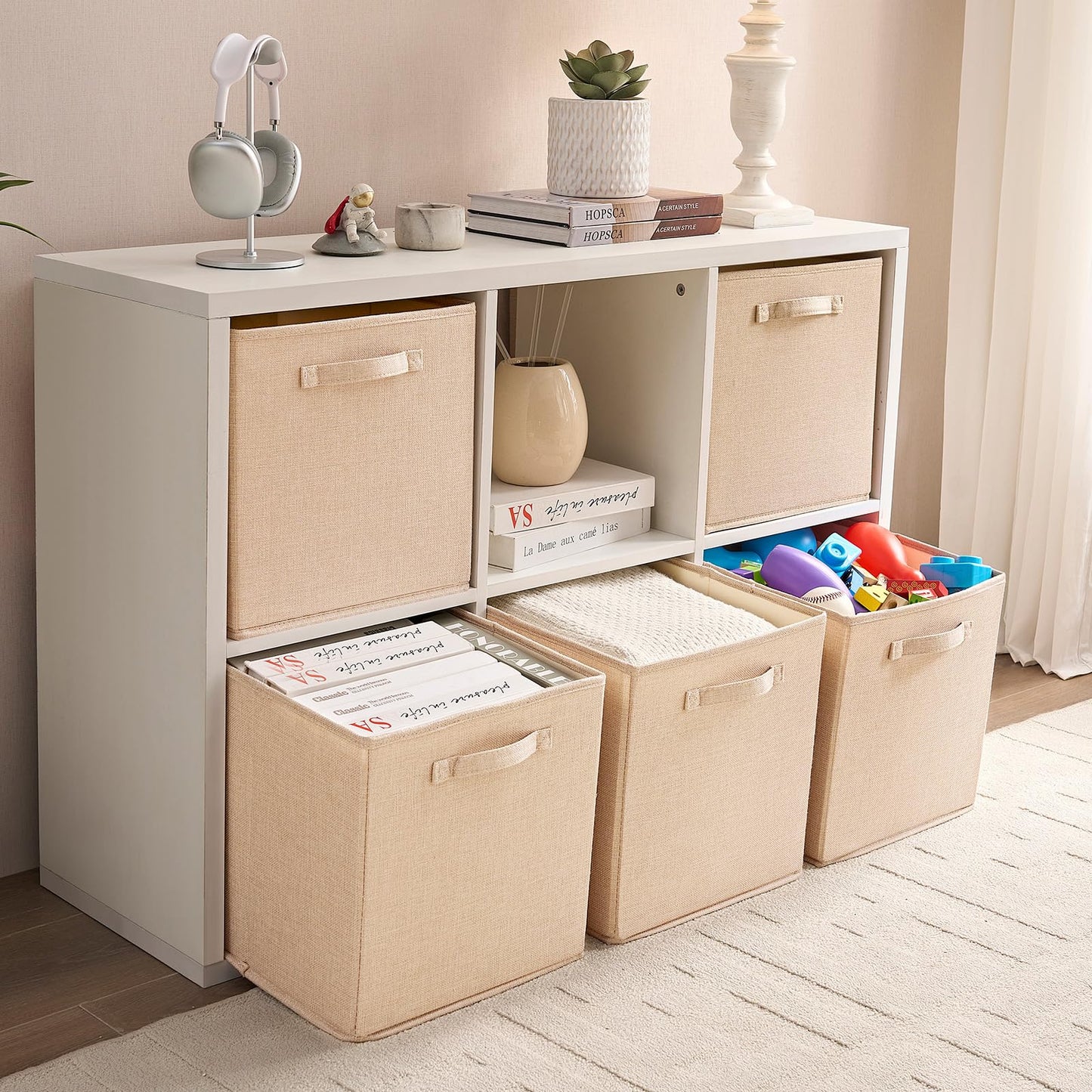 Mangata Cube Storage Boxes 28x28x28 cm, Crease-Free Fabric Storage Cube Baskets for Clothes Bins, Baskets, Chests,Toys (Light Khaki, 3Pcs)