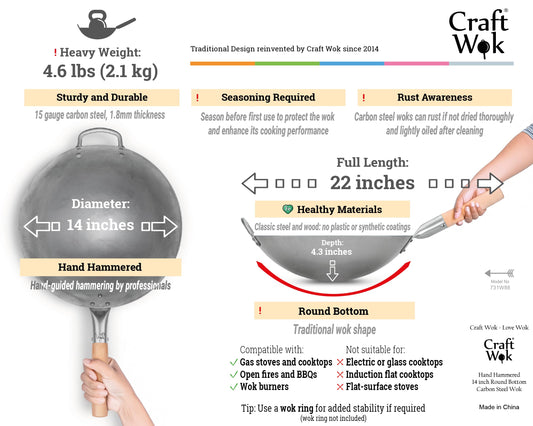 Craft Wok Traditional Hand Hammered Carbon Steel Pow Wok with Wooden and Steel Helper Handle (14 Inch, Round Bottom)/731W88
