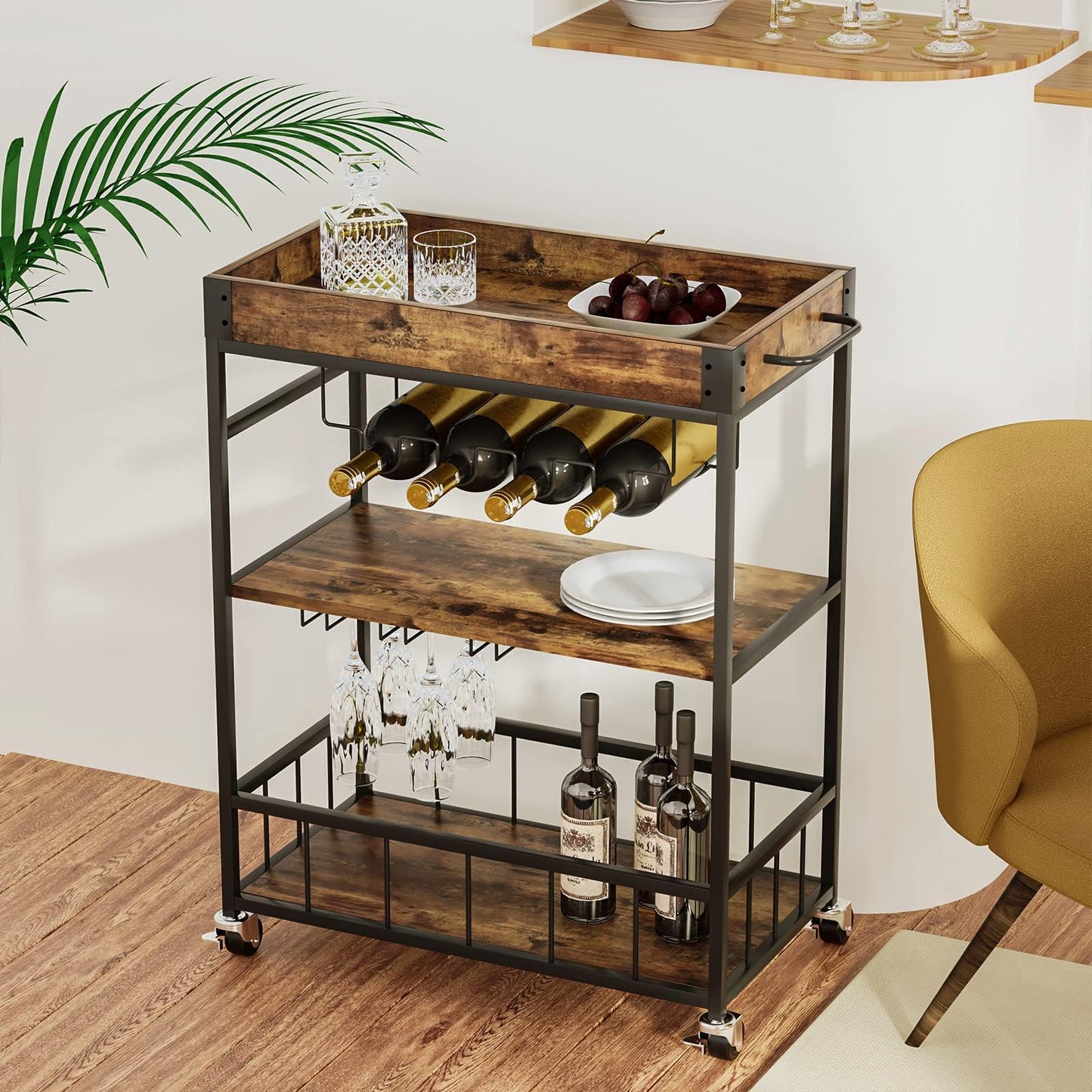 Huhote Serving Trolley, Kitchen Trolley, Bar Cart with Wheels, Wine Cart with Bottle Holder, 3 Tier Drinks Trolley for Living Room, Dining Room