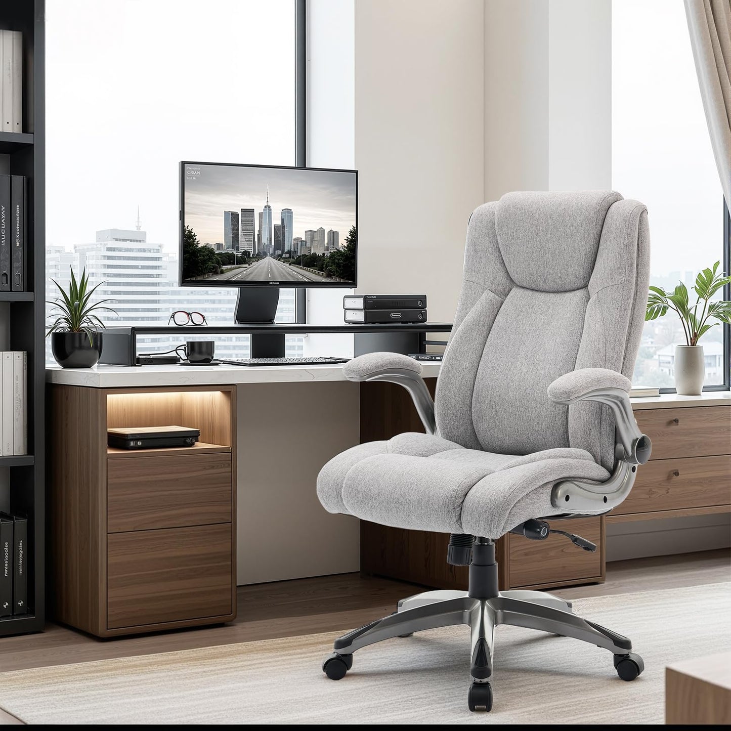 Ergonomic Executive Office Chair with Adjustable Lumbar Support, Flip-up Armrests, Double Padded Seat & Tilt Function