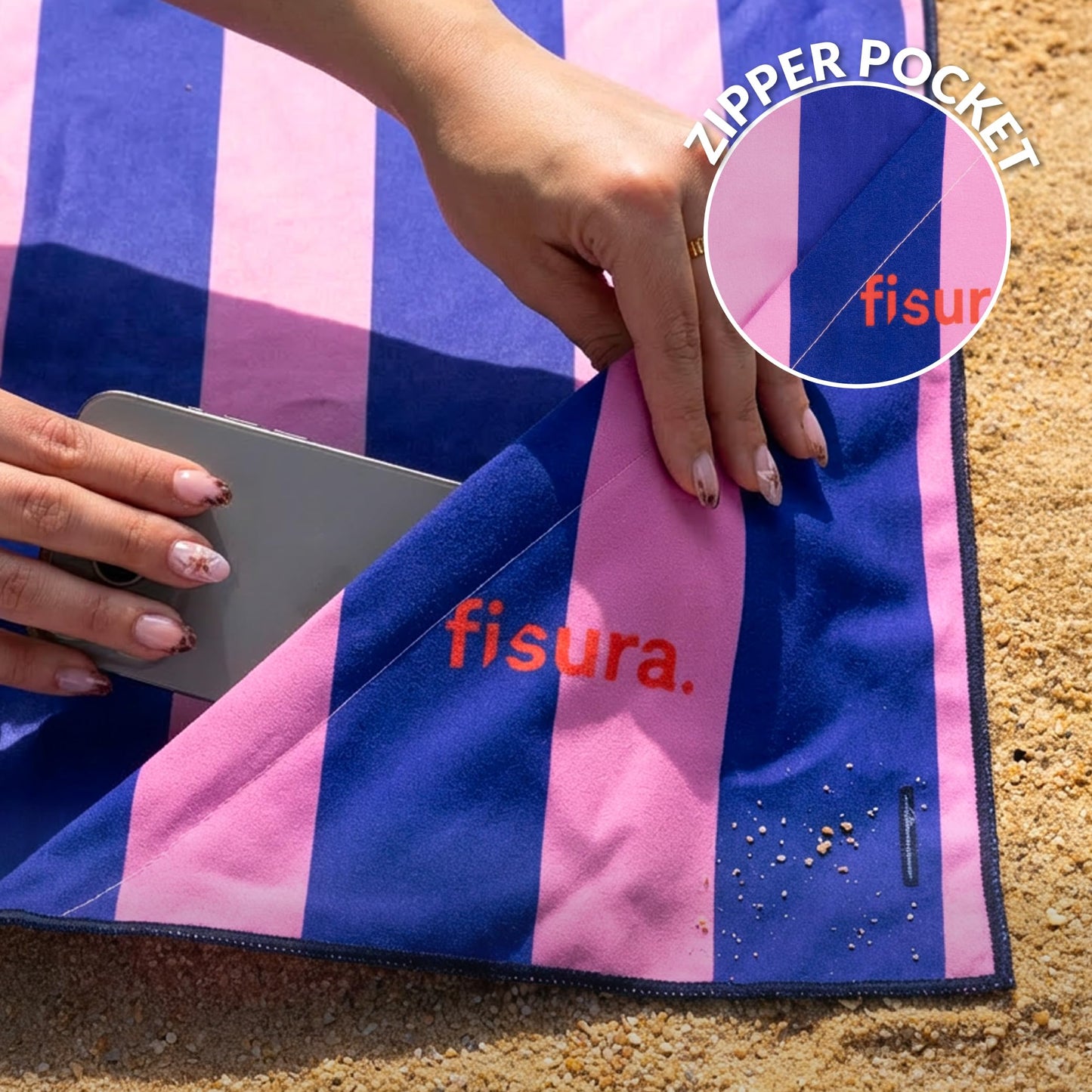 Fisura - Large Microfibre Beach Towel Blue & Pink Striped “Ciao” – Quick Dry, Sand Free & Lightweight – Travel, Pool, Camping & Picnic