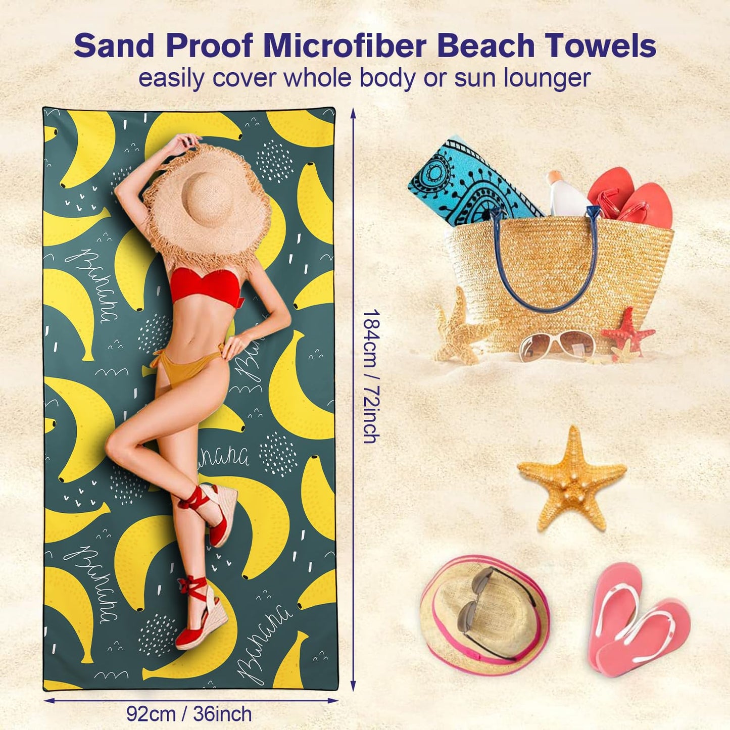 Violetpos Banana Doodle Beach Towel, Extra Large 180x90 cm 250GSM Microfibre, Sand Free Quick Dry
