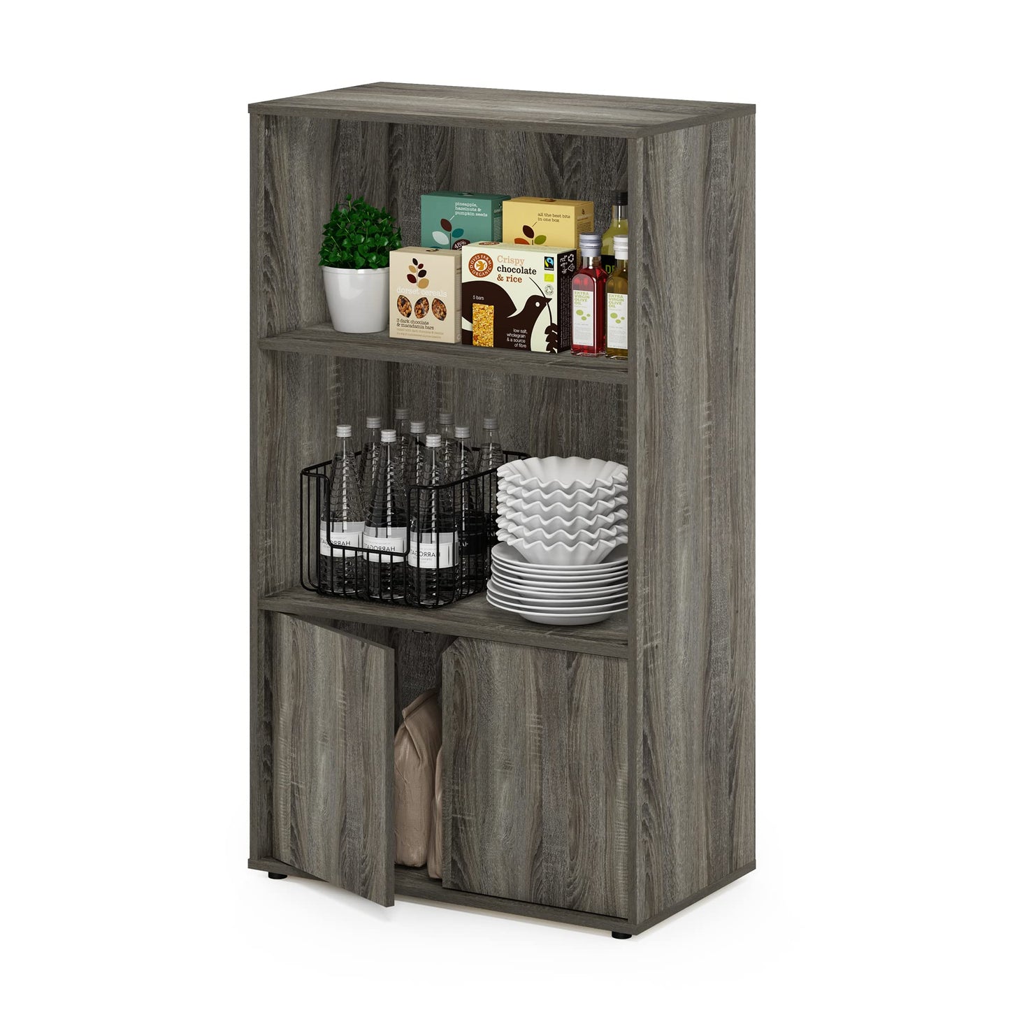 Furinno JAYA Pantry Organizers, 3-Tier Kitchen Cabinet, Coffee Bar, Kitchen Storage with Open Shelves and Closed Cabinet