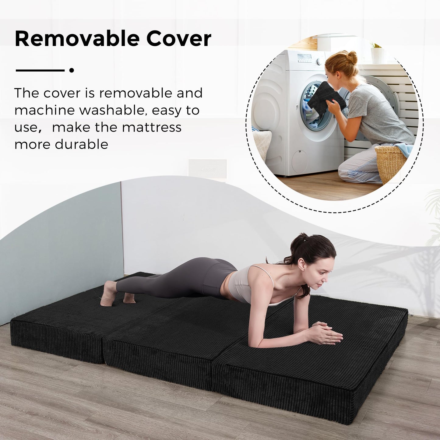 MAXYOYO Folding Corduroy Mattress, Tri Fold Floor Mattress 15cm thick with Washable Cover,Foldable in Three,Space-Saving for Guest (Black, Single)