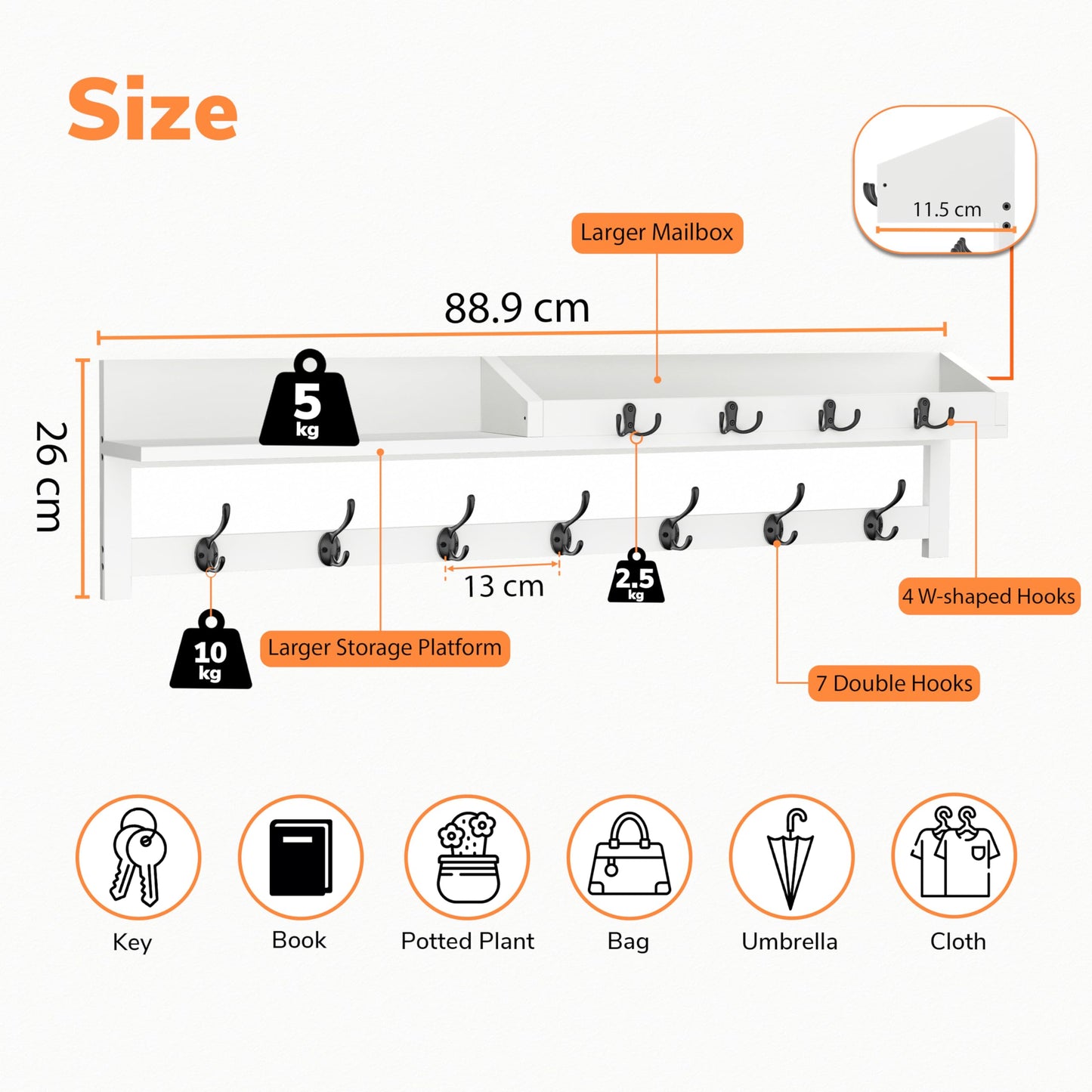 AMBIRD 89cm Wall-Mounted Coat Rack, Extra Long Coat Hooks, Entryway Shelf with 7 Dual and 4 Key Hooks, Mail Organiser, Wooden Wall Coat Rack
