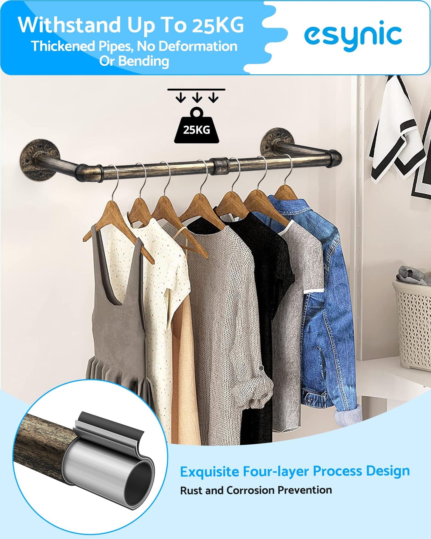 eSynic 2 Pack Wall Clothes Rail 60cm Clothes Rack Wall Mounted Copper Retro Industrial Pipe Clothes Rail Heavy Duty Metal Garment Rail Hanging Bar
