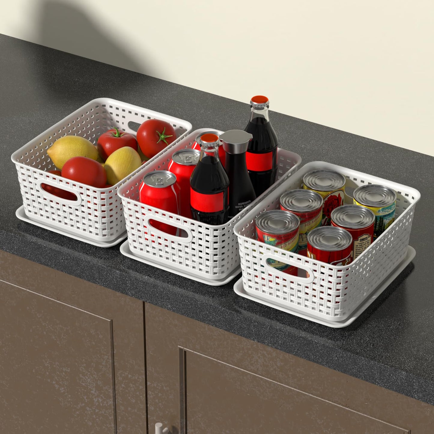 Wakikini Woven Plastic Storage Baskets with Lids, Small Weave Bins, White