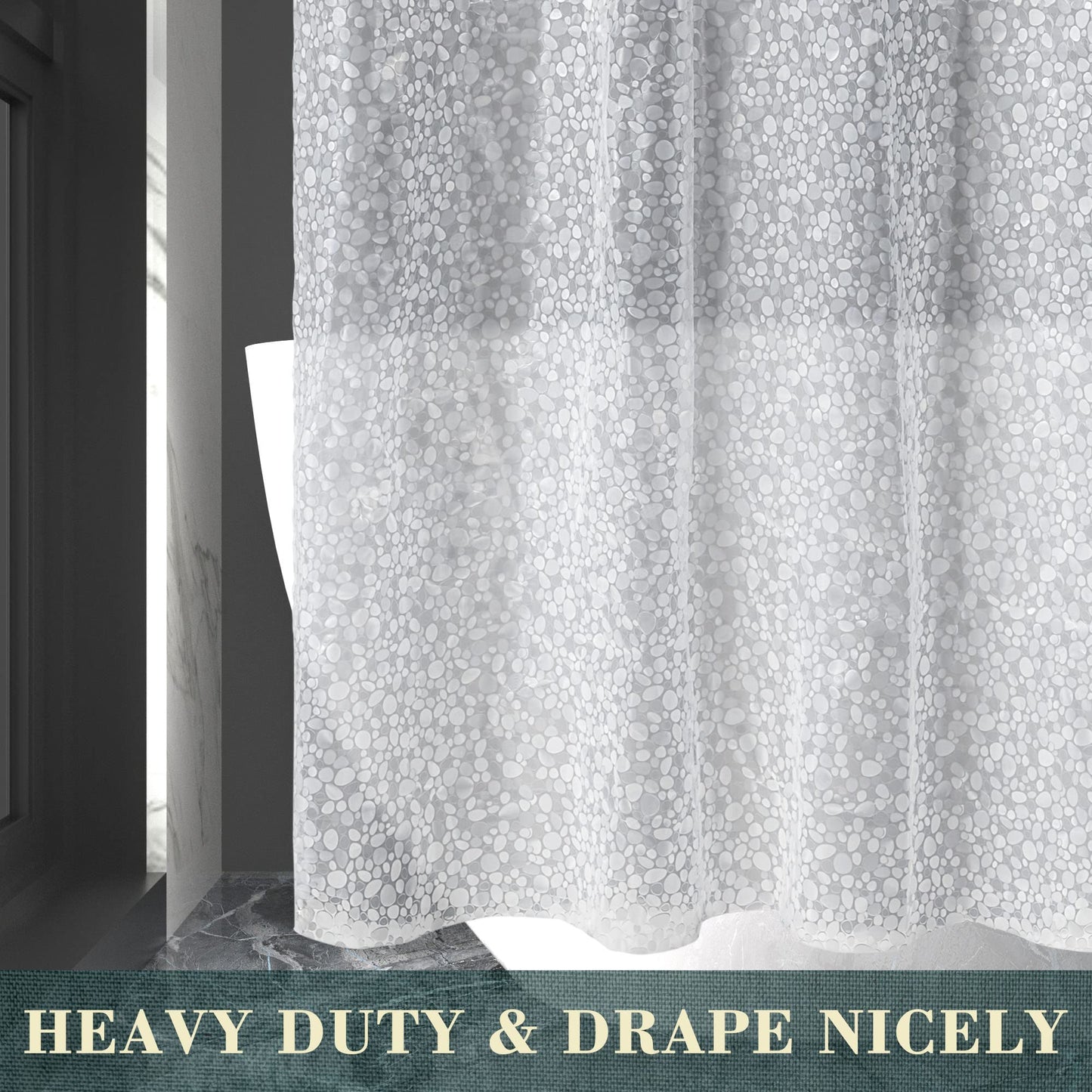 ABLUEN No Hook Shower Curtain or Liner - 8G Heavy Duty Cobblestone Bathroom Shower Curtain No Hooks Required, Waterproof Plastic & PVC Free