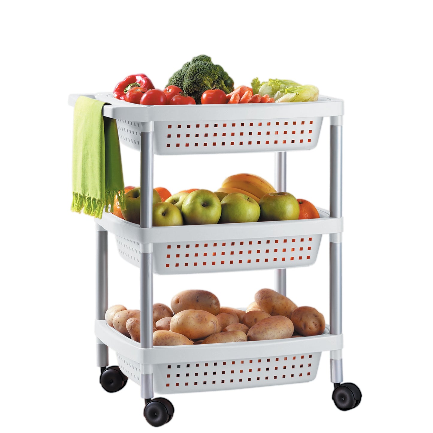 TATAY Vegetable trolley with 3 levels, white matt, with wheels and 3 removable baskets, made of BpA-free plastic material
