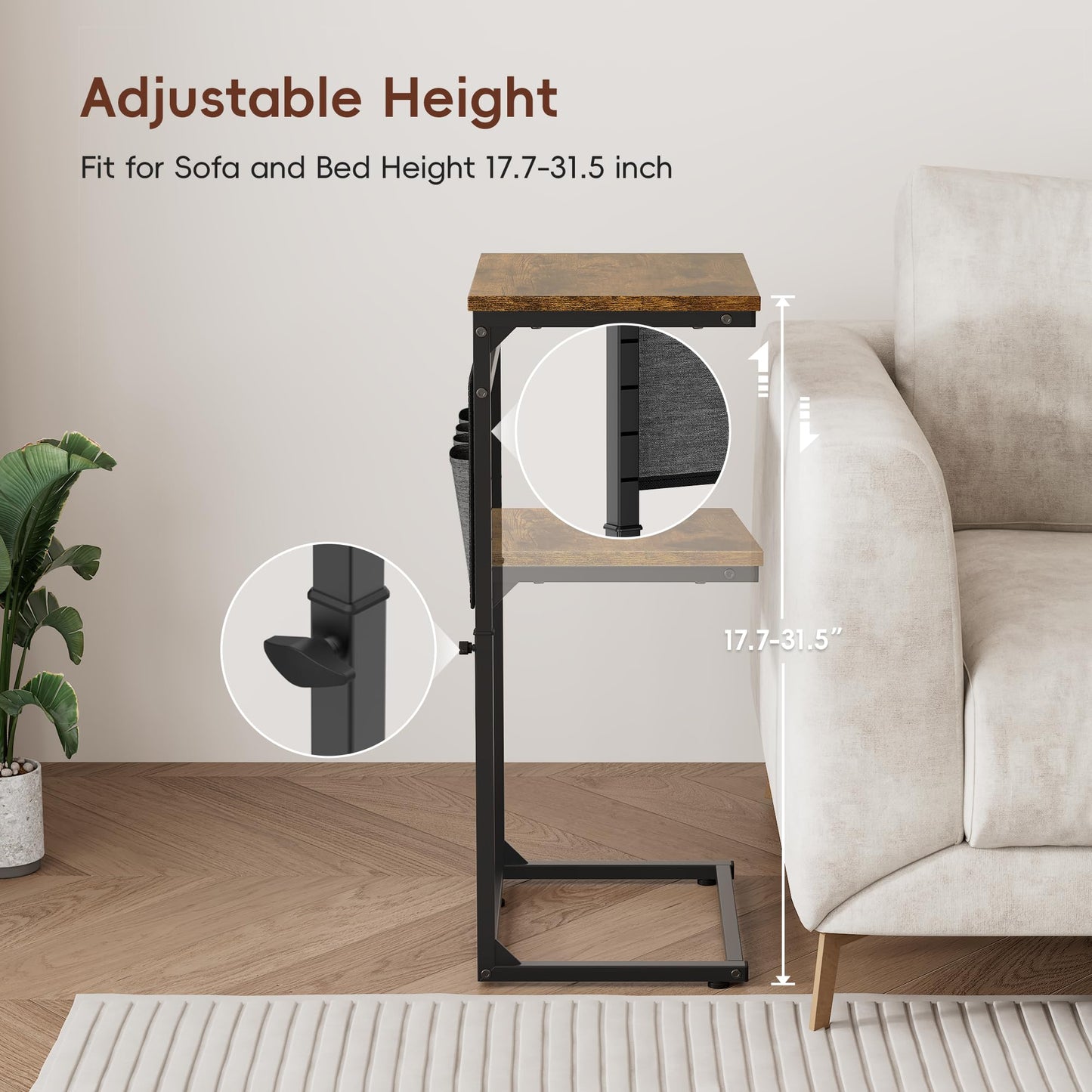 Vagusicc C-Shaped Side Table, Height Adjustable Sofa Side Table, Bedside Table with Cloth Storage Bag, C Table, End Table for Small Spaces