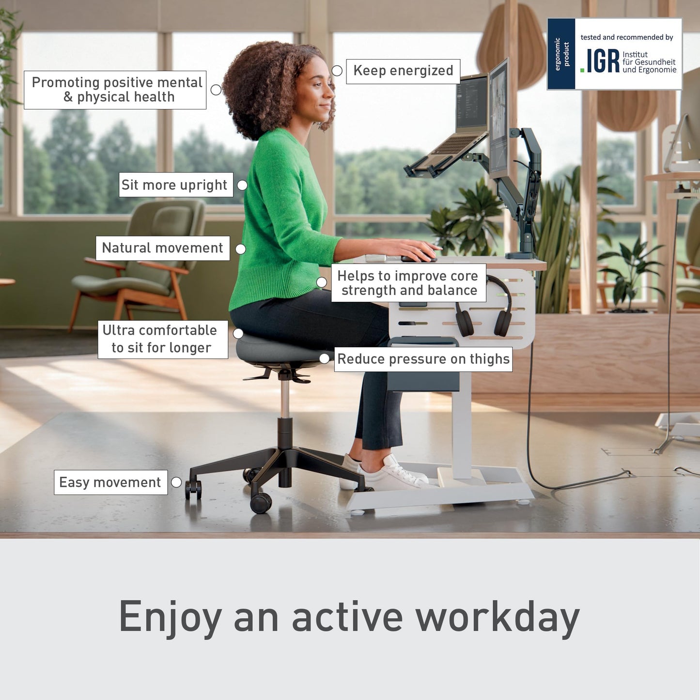 Leitz Ergo Active Height Adjustable (47-60cm) Wobble Stool On Wheels - Dual Density Foam Seat Cushion, Ergonomic Saddle Stool for Home, Office