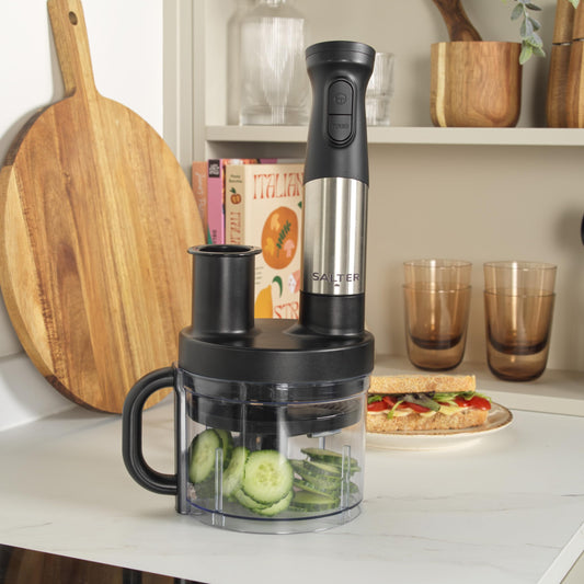 Salter EK5877 5 in 1 Blend & Prep Compact Food Chopper with 1.2L BPA-Free Bowl, Immersion Stick Blender with 2 Speed Settings, Chop, Slice, Shred,