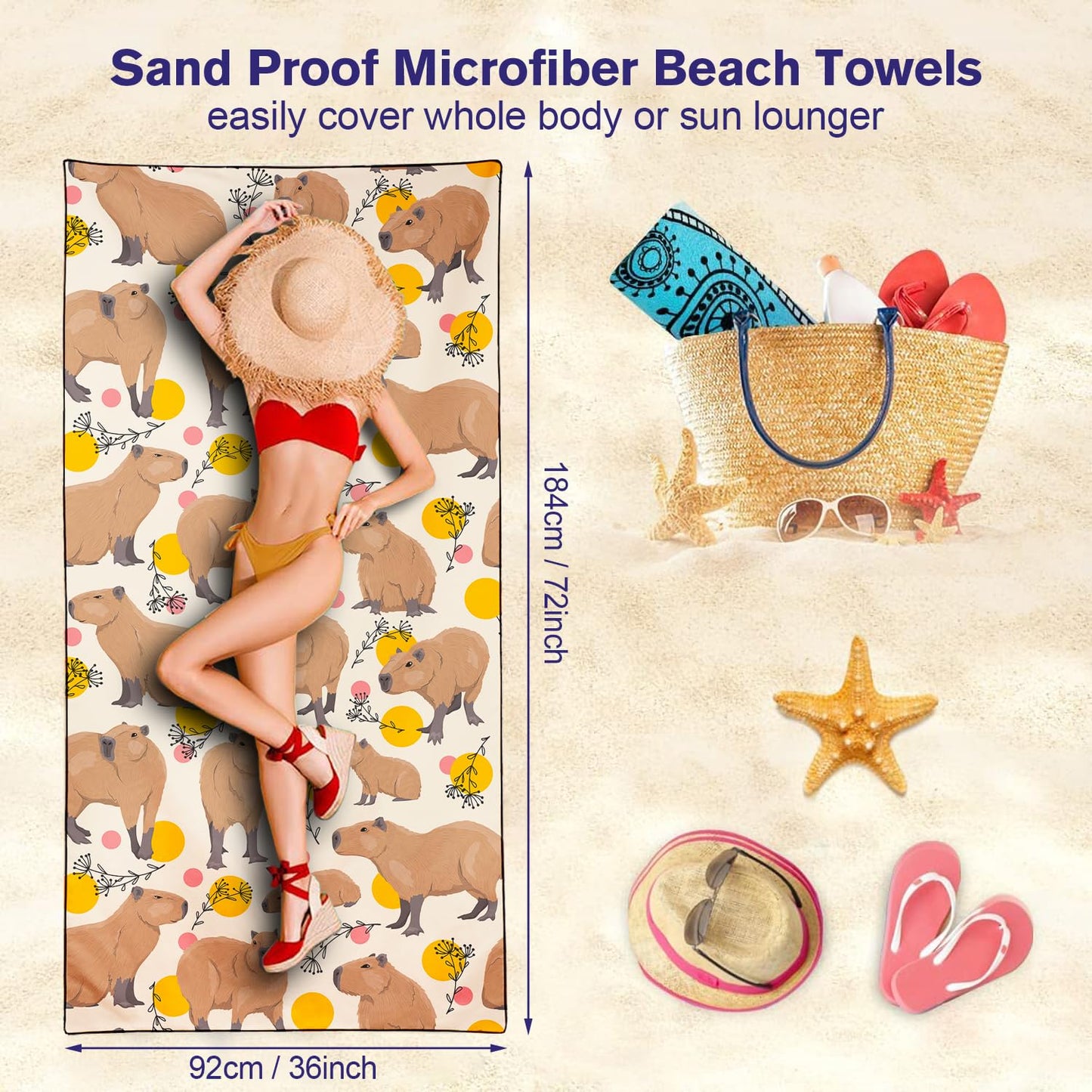 Violetpos Capybara Print Beach Towel, Extra Large 180x90 cm 250GSM Microfibre, Sand Free Quick Dry