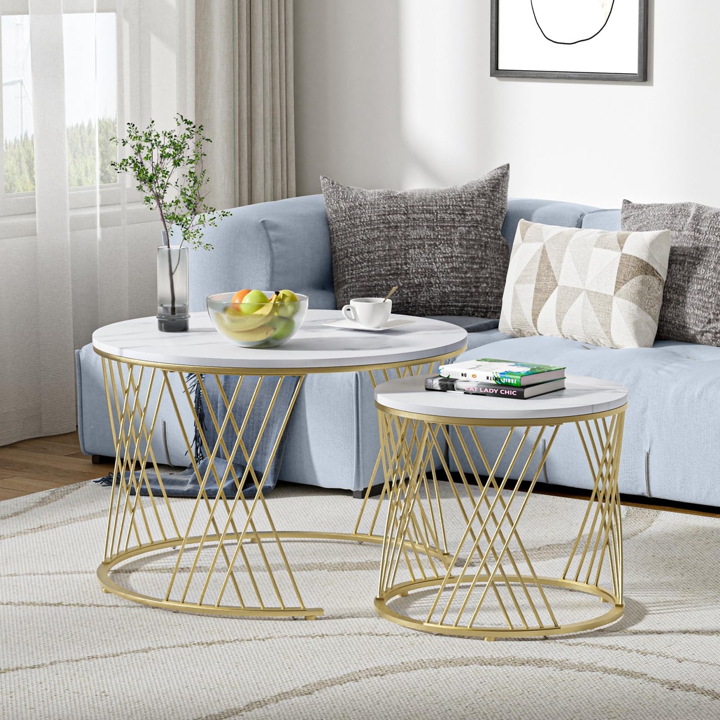 Skokliz Round Coffee Tables, Set of 2 Nesting tables for Living Room, Multi-functional Side Table with Gold Metal Frame for Bedroom Office Apartment