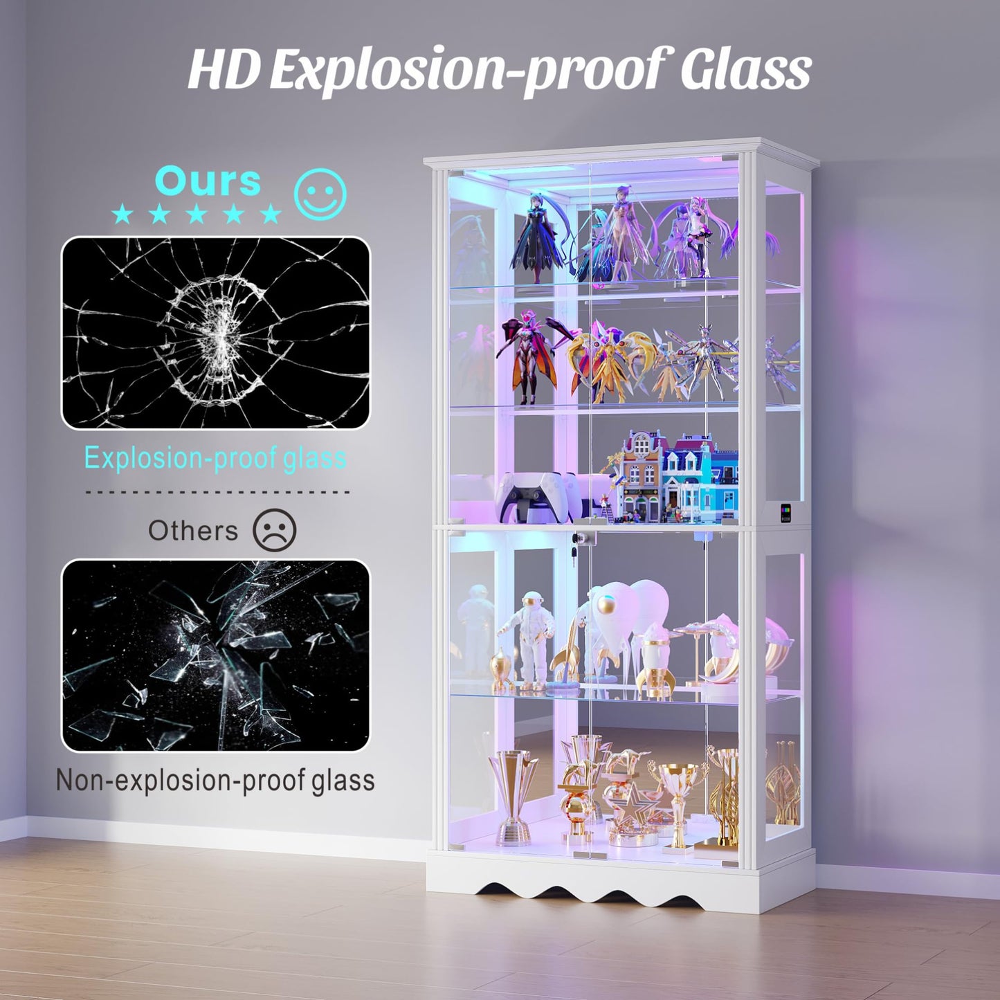 FREDEES Glass Display Cabinet with Lock and RGB Lights, 5-Tier, White