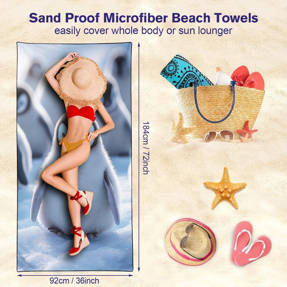 Violetpos Cute Penguin Beach Towel, Extra Large 180x90 cm 250GSM Microfibre, Sand Free Quick Dry