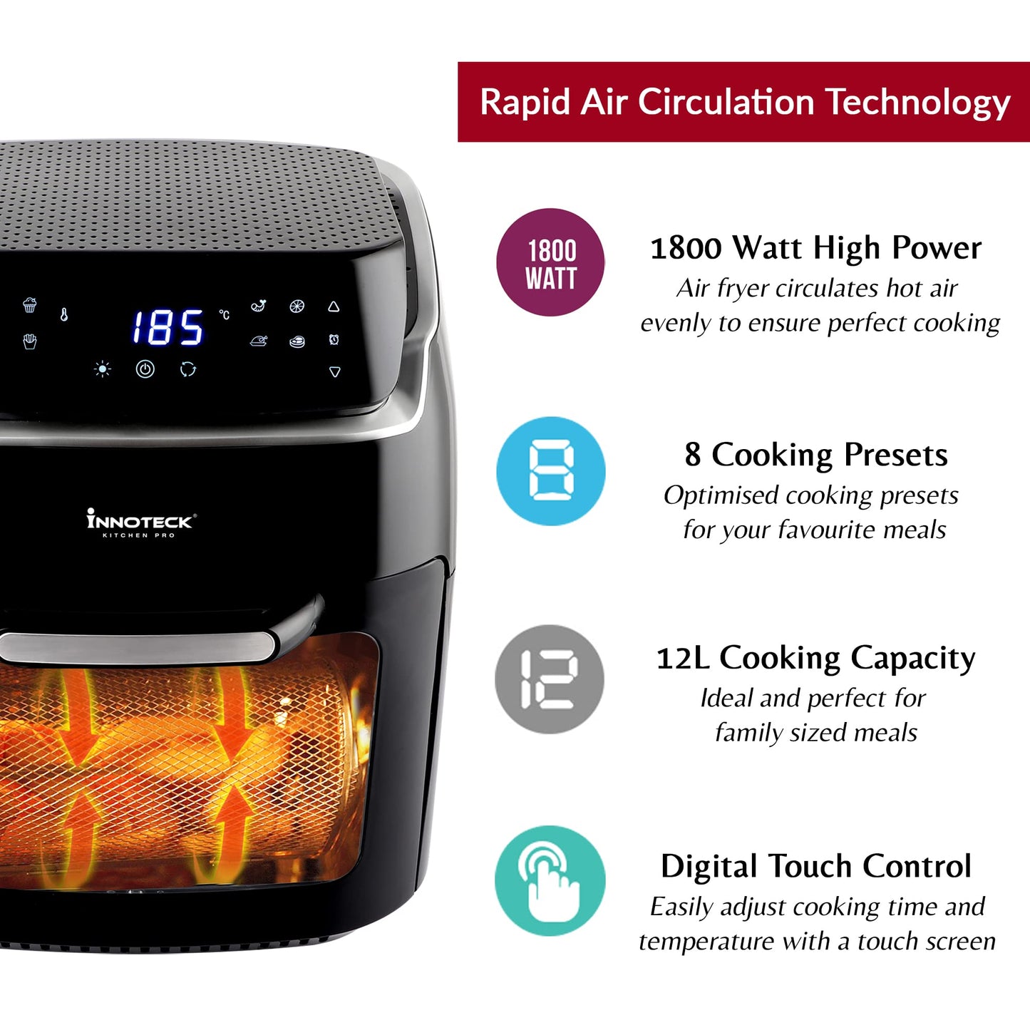 Innoteck Kitchen Pro 12L Digital Air Fryer Oven - 1800W, 8 Presets, Rotisserie function Large Digital Touch Panel Dishwasher Safe Accessories - Black
