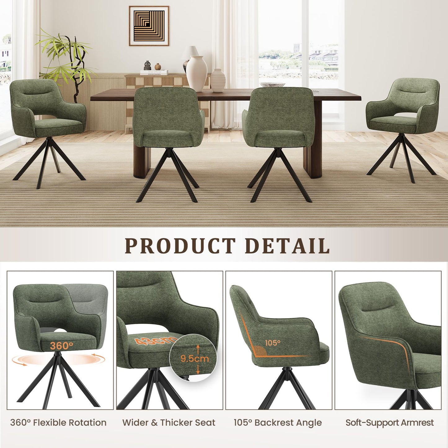 COLAMY 360°Swivel Dining Chairs Set of 4, Fabric Chairs for Dining Room with Armrests, Hollow Backrest and Thick Seat Cushion
