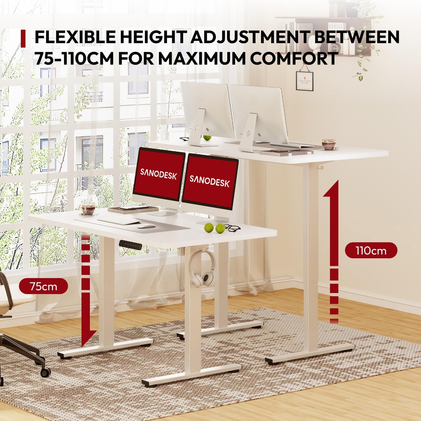 SANODESK 120 x 60cm Electric Standing Desk ONE PIECE Height Adjustable Desk with Cable Management Tray Sit Stand Desk for Office, White