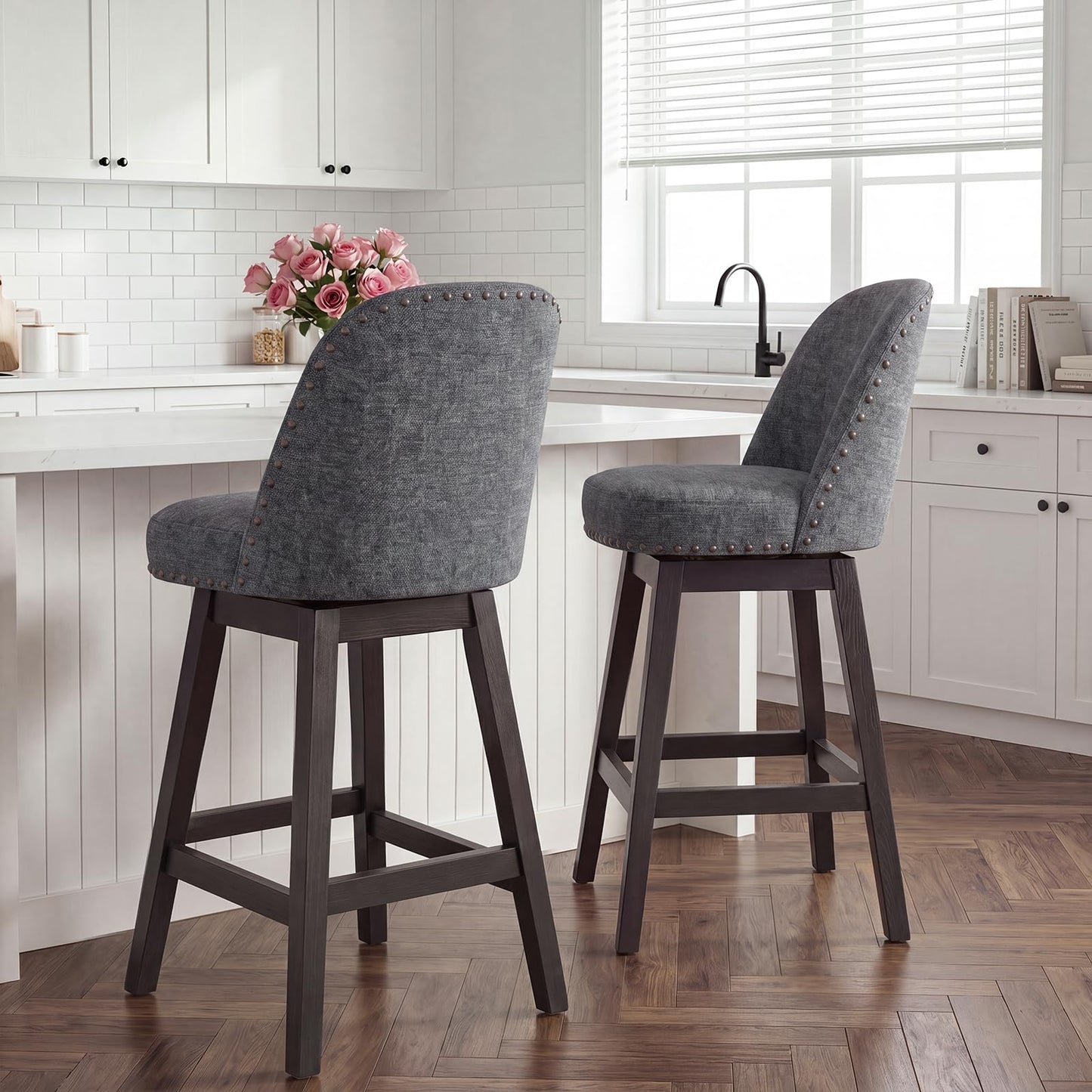 Bar Stools Set of 2, 360° Swivel Counter Stools with Upholstered Seat, Wooden Frame & Nailhead Trim