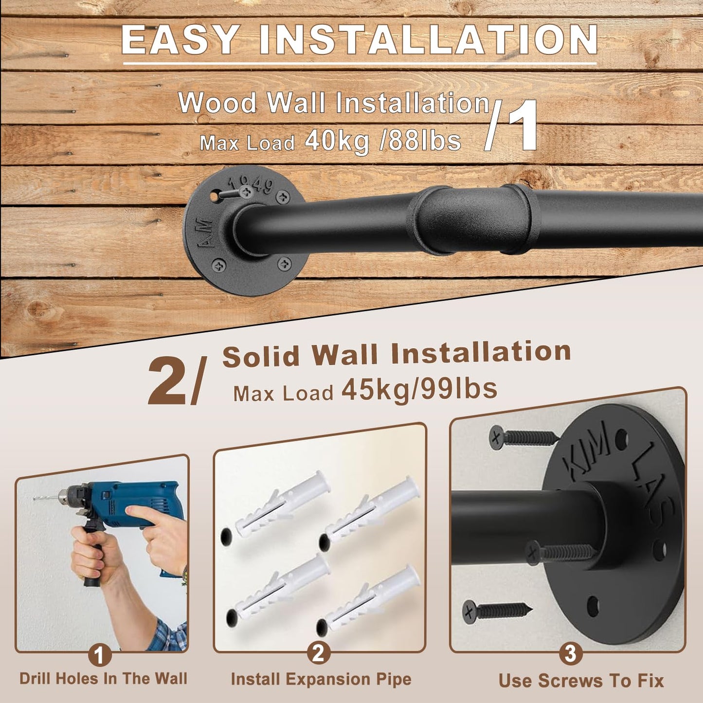 VOLISON Wall Mounted Clothes Rail, 90CM Industrial Pipe Clothing Rack, Industrial Clothes Rail Wall Mounted