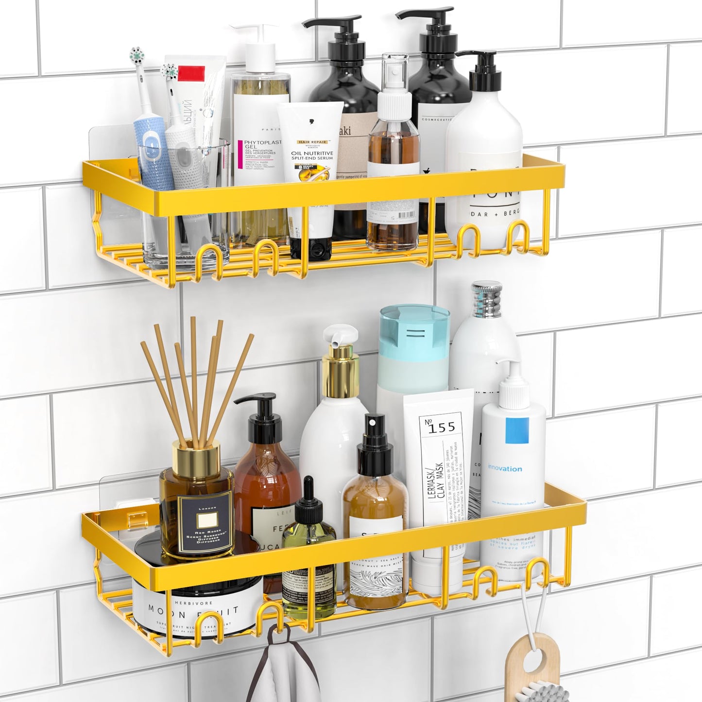 Shower Caddy Shelf Organiser 2 Pack, No Drill Gold Shower Shelves,Self Adhesive Bathroom Storage Accessories