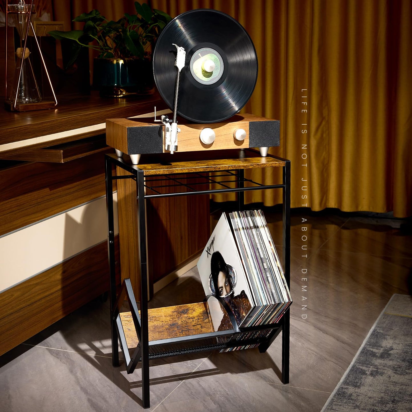 2-Tier Record Player Stand with Vinyl Storage,Retro Turntable Stand for 80