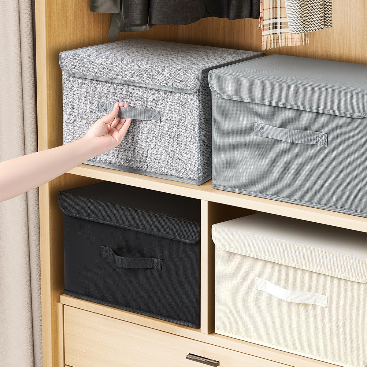 Homsorout Foldable Storage Boxes with Lids - Wardrobe Organiser Bin with Handle Fabric Basket Containers for Clothes, Book, Shelf, Office