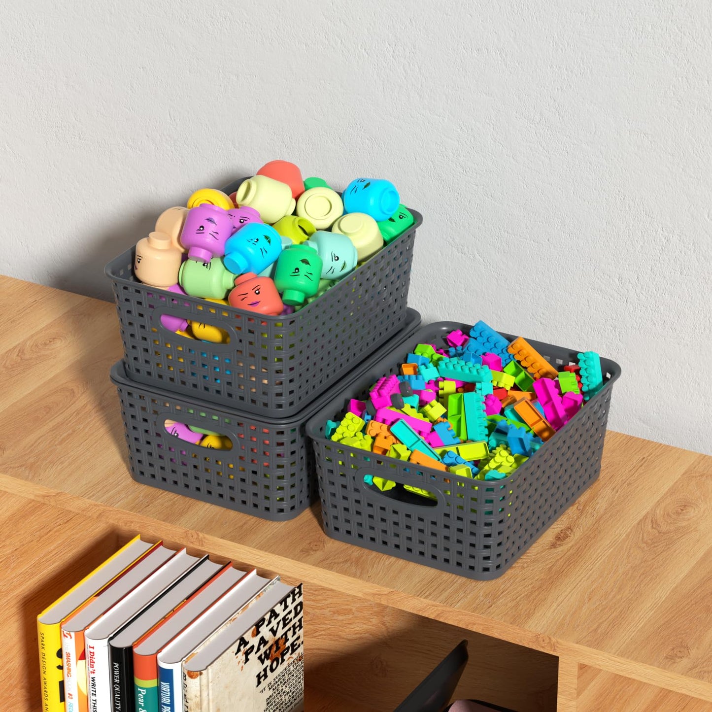 Lesbin 6-Pack Lidded Storage Baskets, Weave Baskets with Lids, Gray