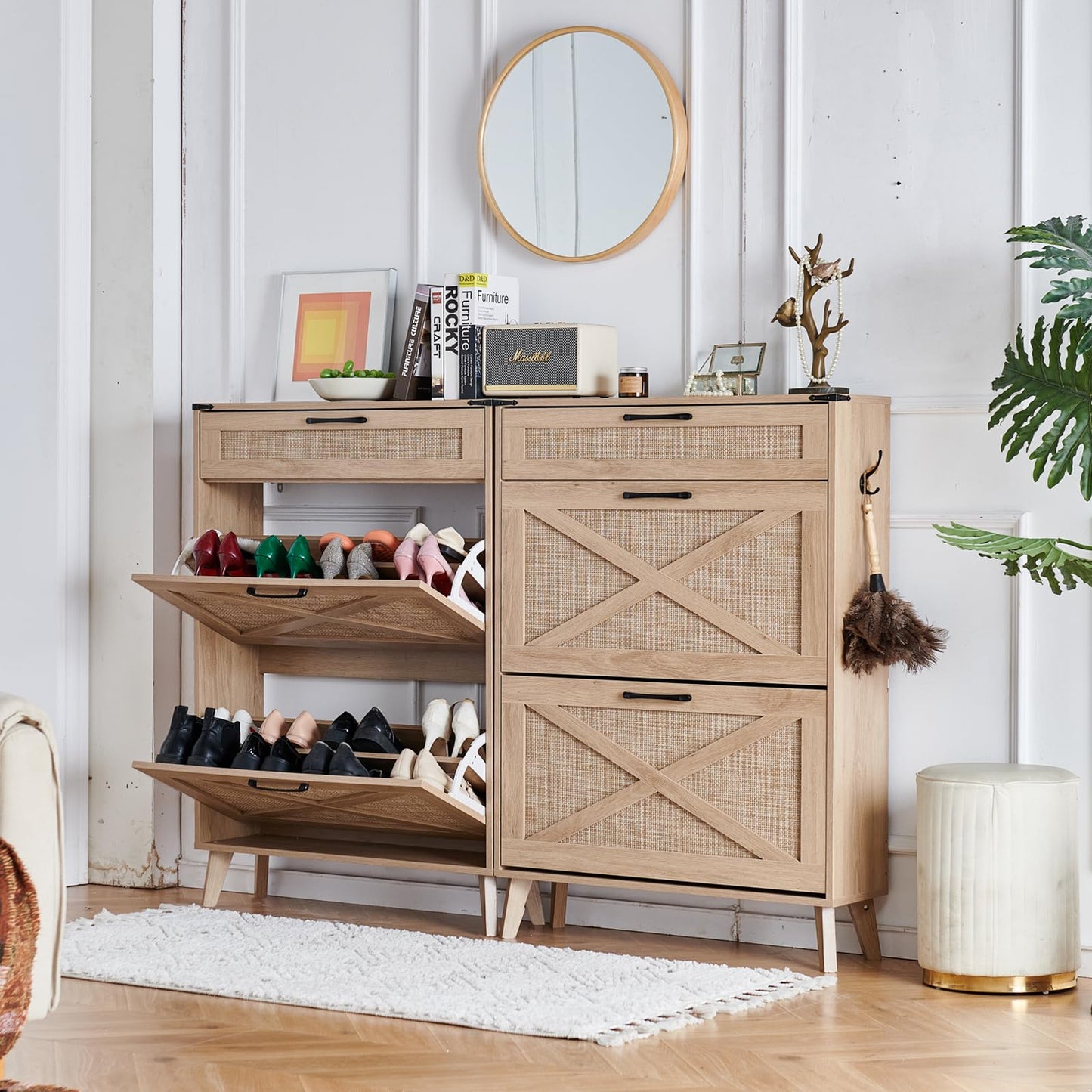 LELELINKY Rattan Slim Narrow Shoe Storage with 2 Flip Drawers, Natural