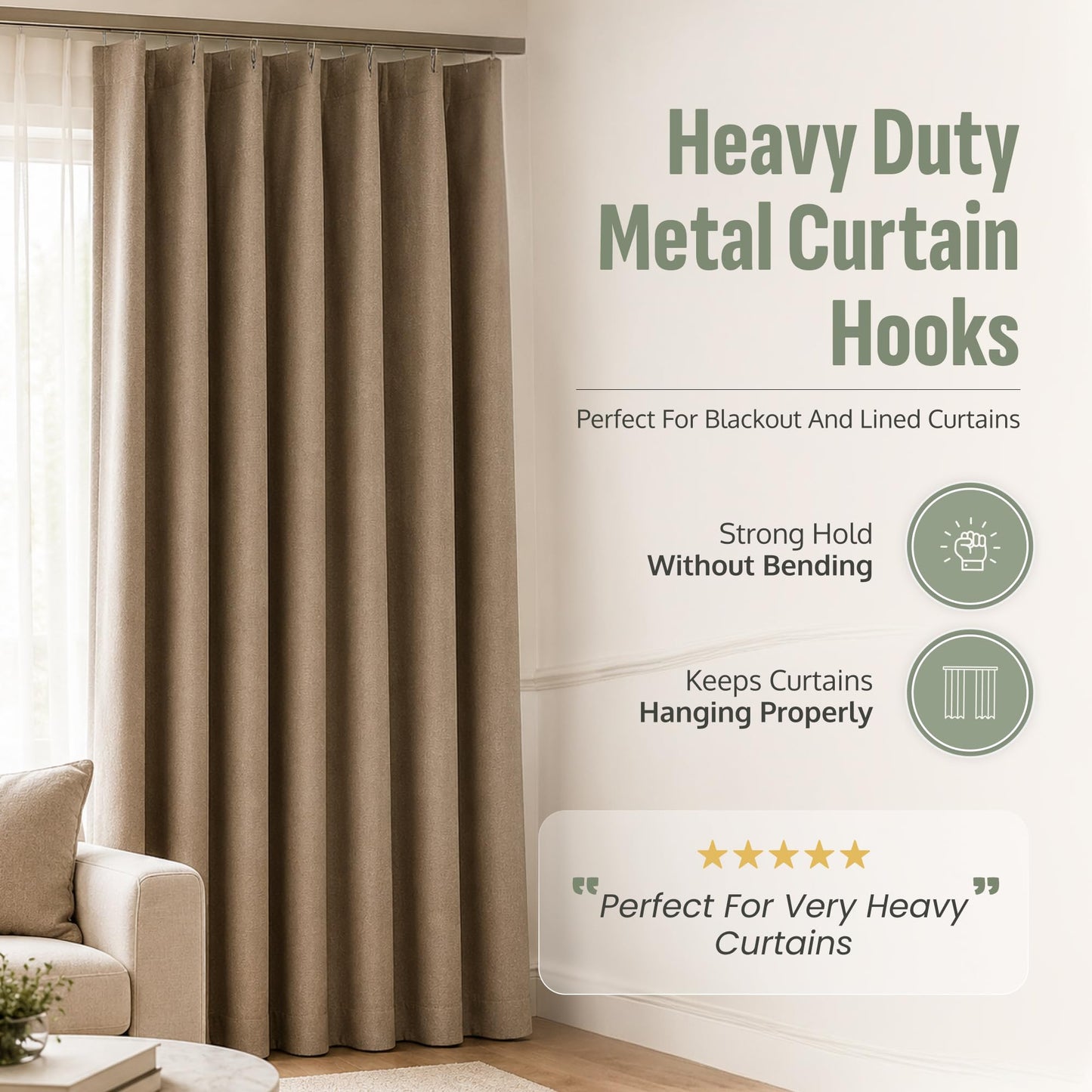 Metal Curtain Hooks - Heavy Duty Zinc Pin Hooks, 50 Pack Curtain Pins for Pencil Pleat & Pinch Pleat Heavy Lined Curtains, Heading Tape, Tracks