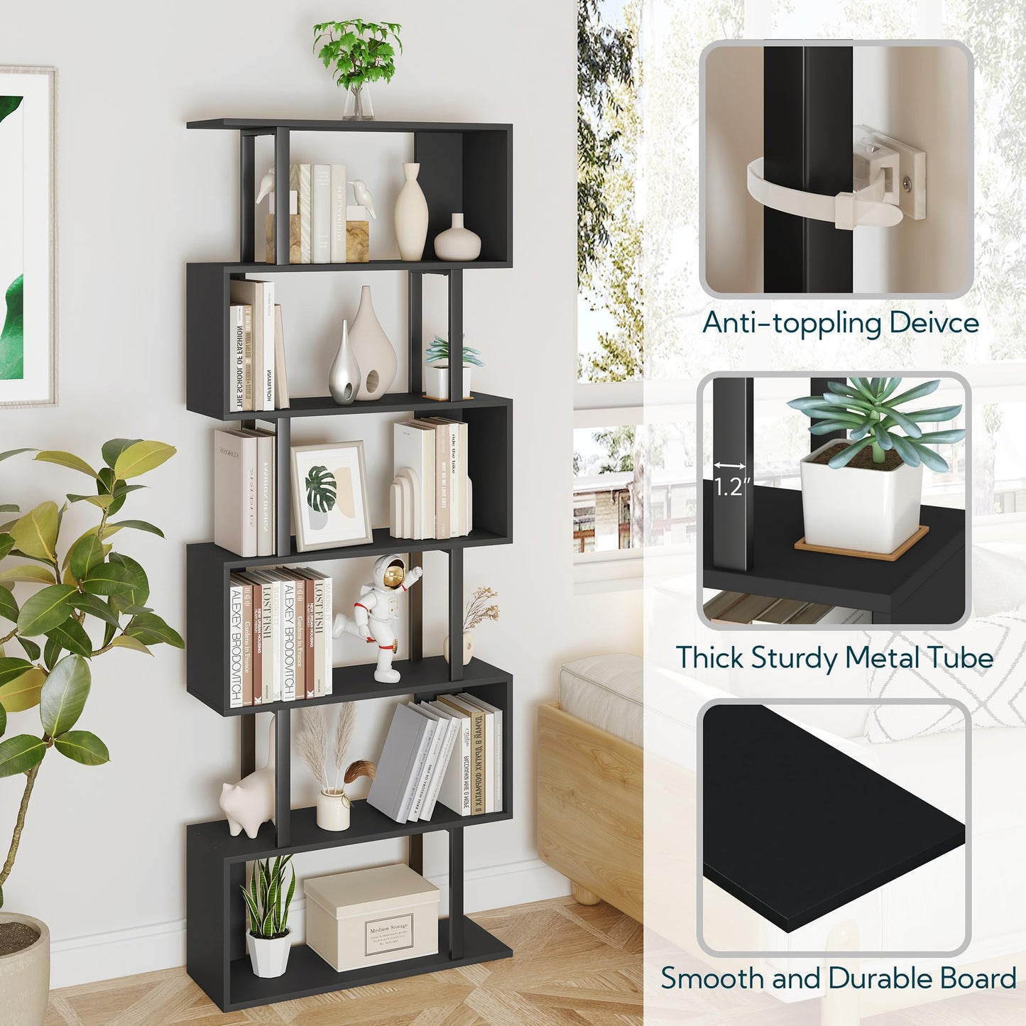 Yusong Bookshelf 6-Tier, Geometric Bookcase S Shaped Book Shelves for Bedroom, Modern Wood Decorative Display Shelf Tall Book Case for Home Office