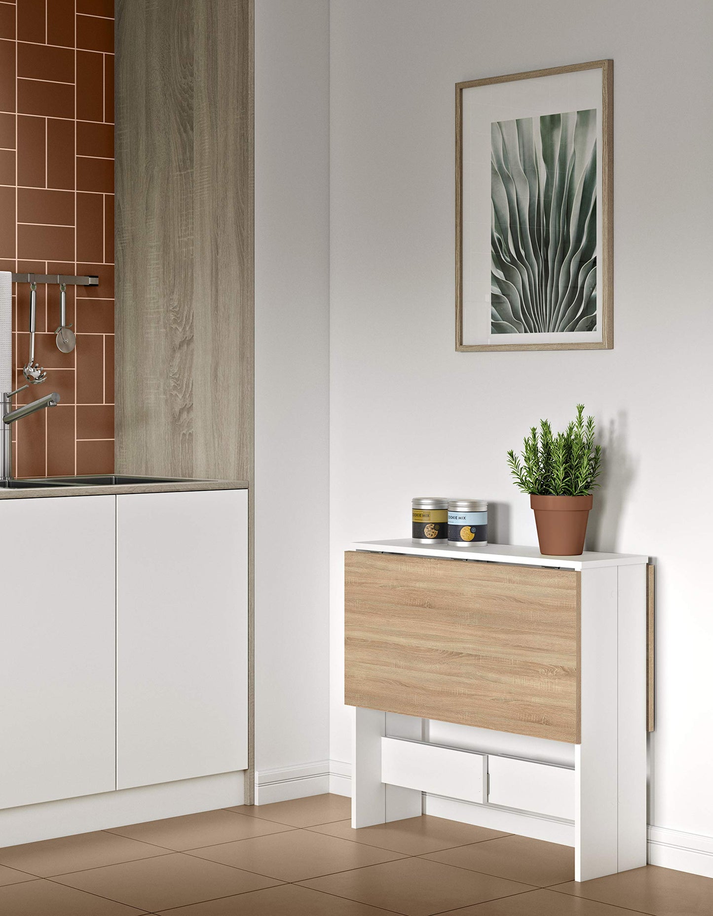 Symbiosis Folding Dining Table, Oak and White Marble Look, 103/67/28 x 76 x 73.4 cm (LxPxA)