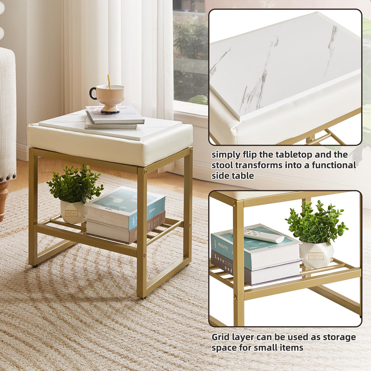 Aibiju Square Dressing Table Stool, Vanity Chair Stool with Adjustable Feet and Storage Space, Small Makeup Stool Bench for Vanity, Bedroom