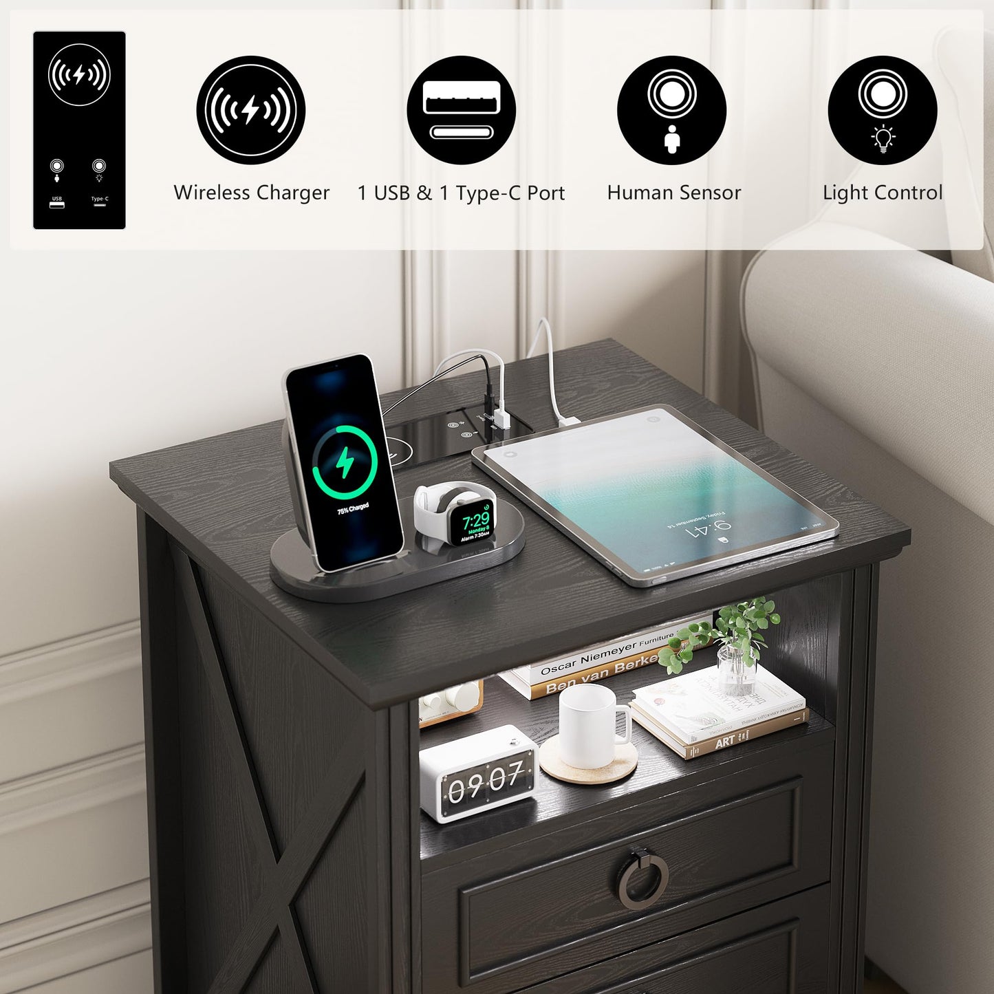 FREDEES LED Bedside Table with Charging Station, Black