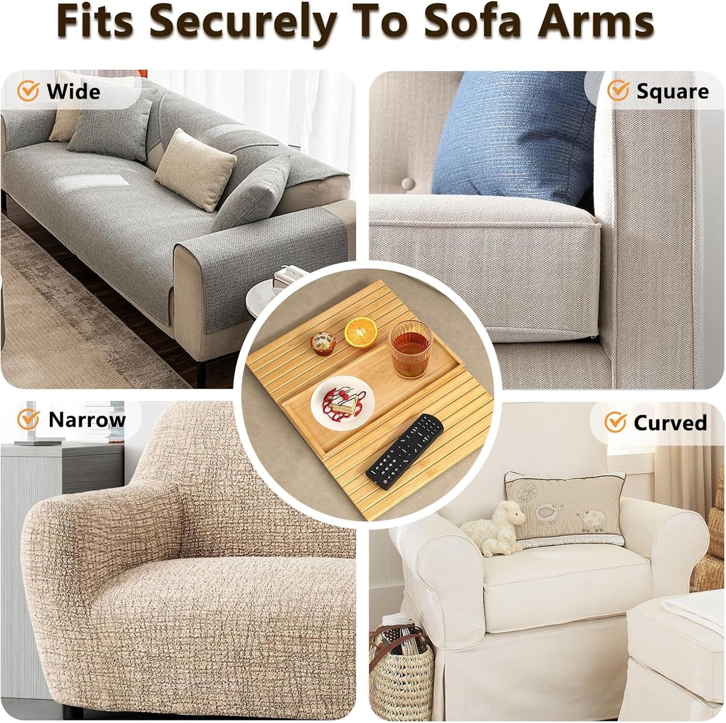 Sofa Arm Tray, Bamboo Foldable Couch Tray with Anti-Slip Fabric Backing, Sofa Side Table for Drinks, Snack, Magazine, and Remote(wood)
