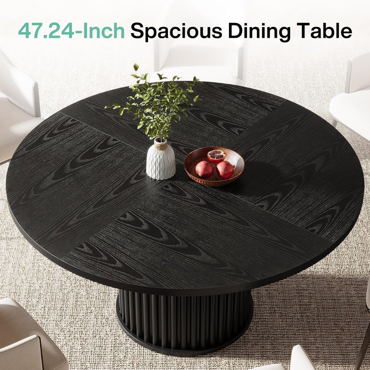 Tribesigns 47-Inch Black Round Dining Table for 4-6 People, Modern Circle Kitchen Table with Fluted Round Base