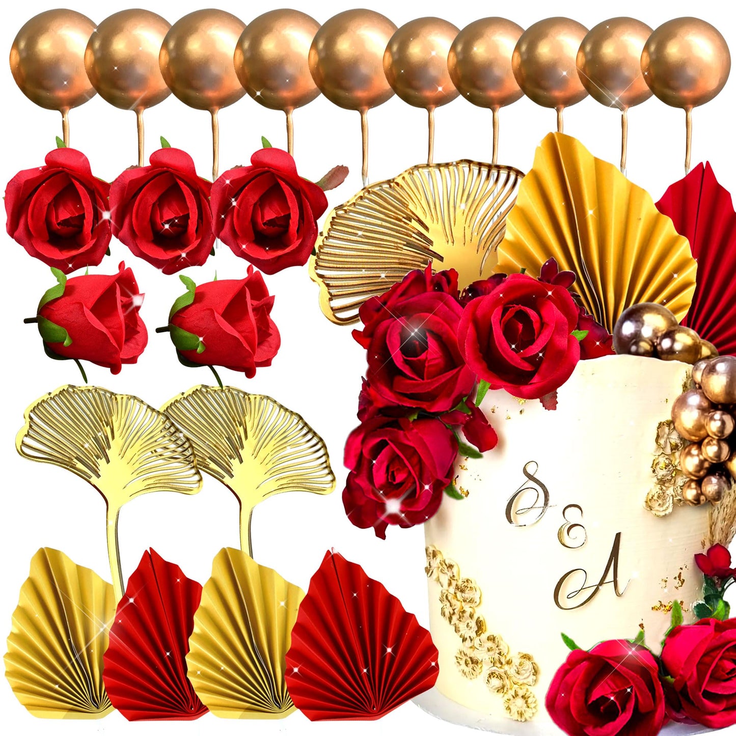 JeVenis Red Rose Cake Decoration Queen Lady in Red Cake Topper Gold Leaves Cake Decoration for Wedding Birthday Bridal Shower Engagement Baby Shower