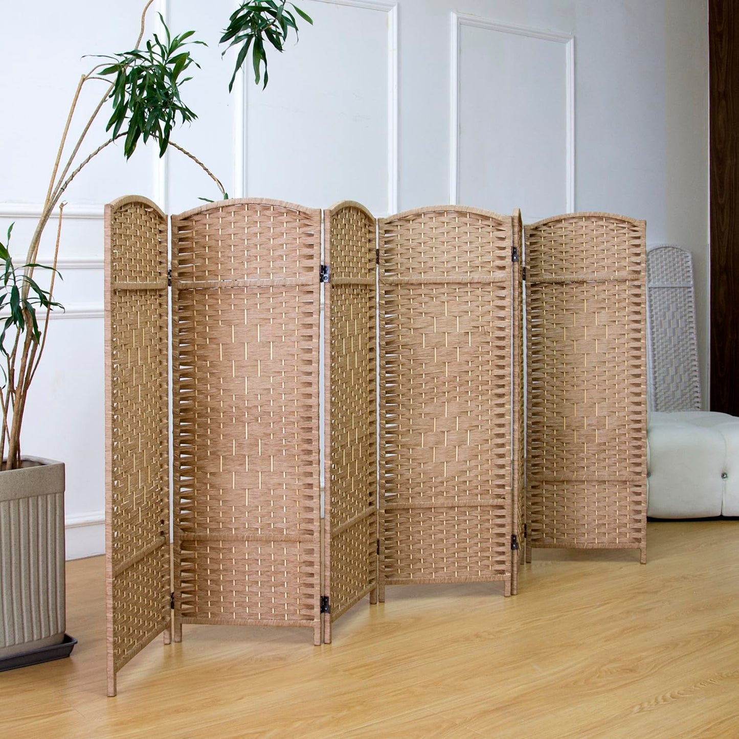 Furnnylane 6 Panel Light Brown Rattan Divider Short Room Partition Screen,Double Sided Short Folding Divider for Room Separation,120 cm Tall