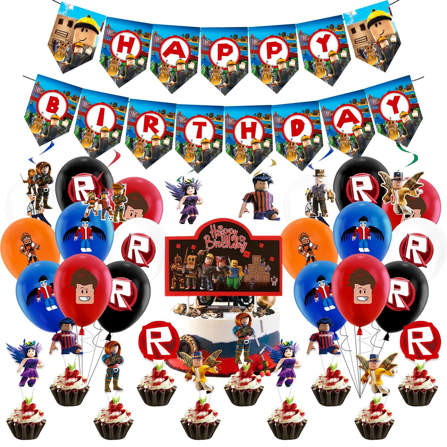 Luclay Gamer Party Decorations, Party Tableware Set - 50Pcs Birthday Decorations, Birthday Party Supplies, Happy Birthday Banner, Latex Balloons, Cake
