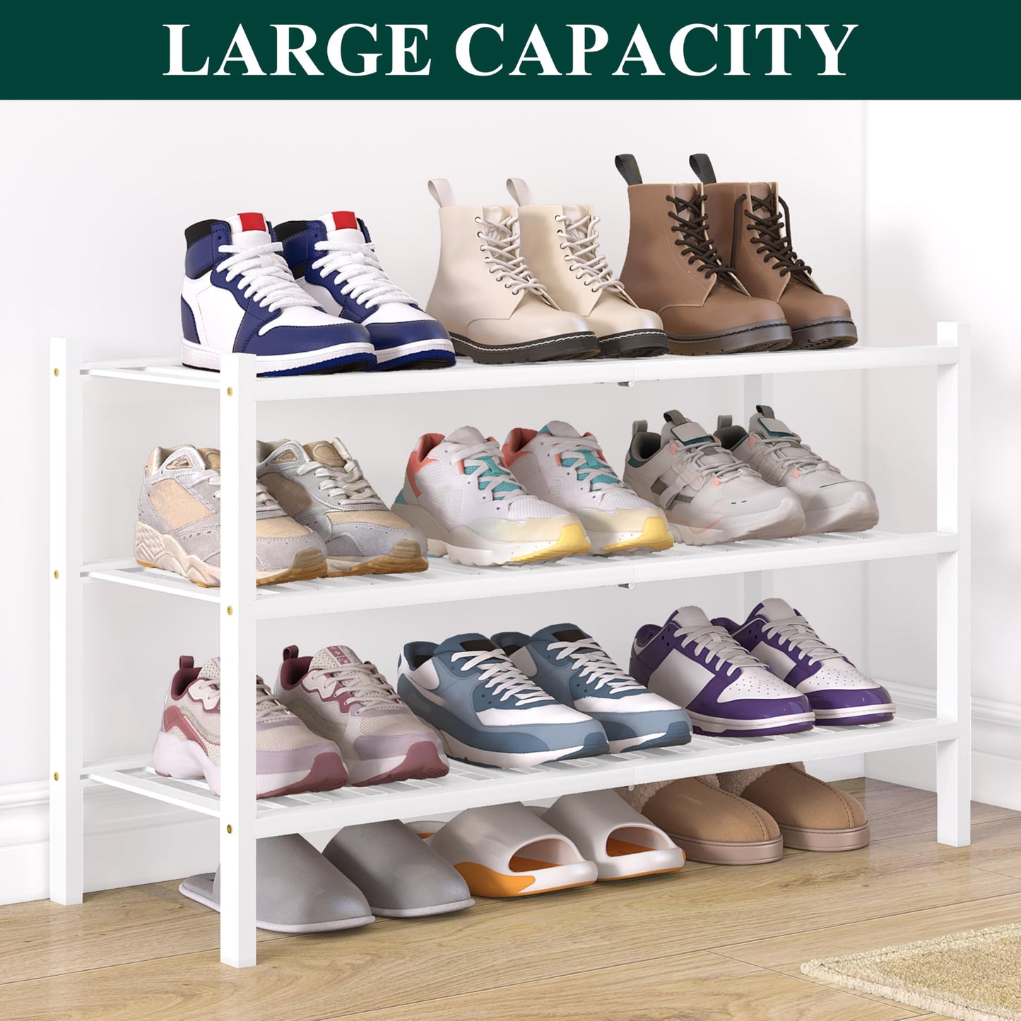 smiry Natural Bamboo Shoe Rack, 3 Tier Wooden Stackable Shoe Storage Organiser, Free Standing Shoes Storage Shelf for Entryway, Hallway, Small Spaces