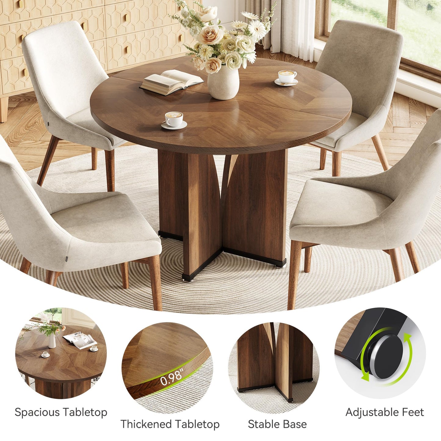 Tribesigns 39-Inch Small Round Dining Table for 4, Rustic Brown Farmhouse Kitchen Table with X-Shaped Stable Pedestal, Round Dining for Living Room