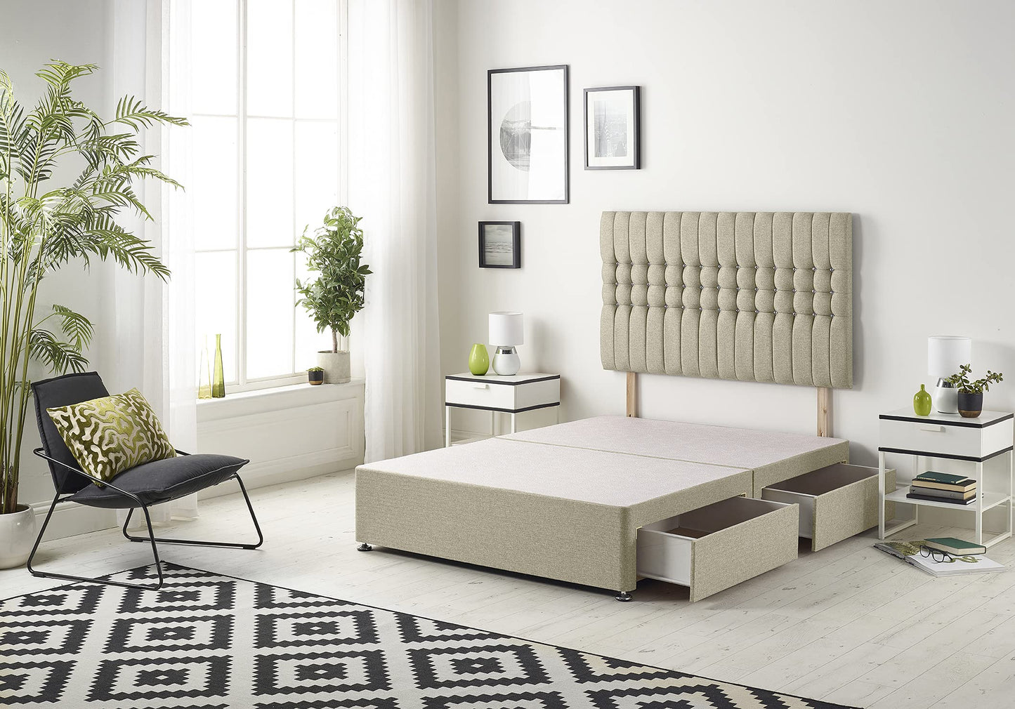 Bed Centre Galaxy Divan Base with 2 Drawers (Same Side) and Matching Headboard, Fabrics and Colours (3FT Single, Linen Wheat)