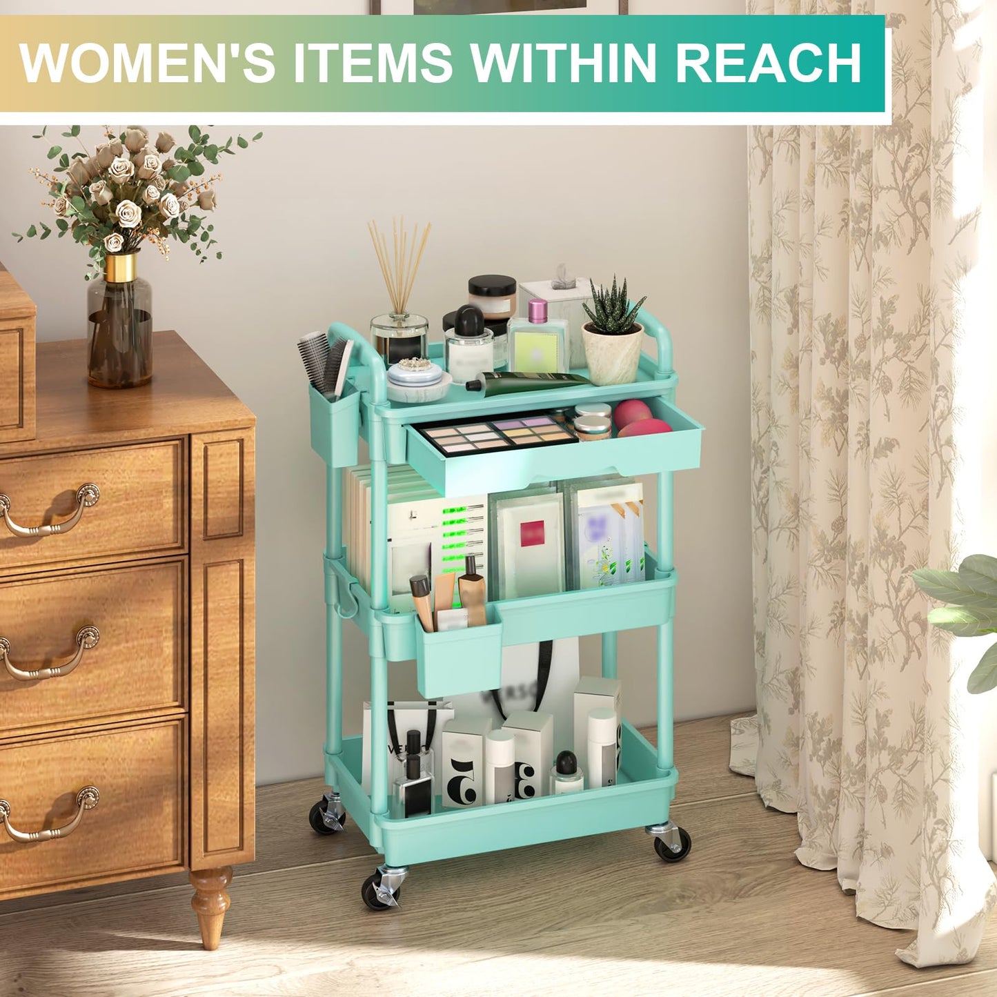 Yeabett 3 Tier Craft Trolley, Storage Trolley On Wheels Utility Cart With Drawer For Kitchen, Bathroom, Office, Living Room, Blue