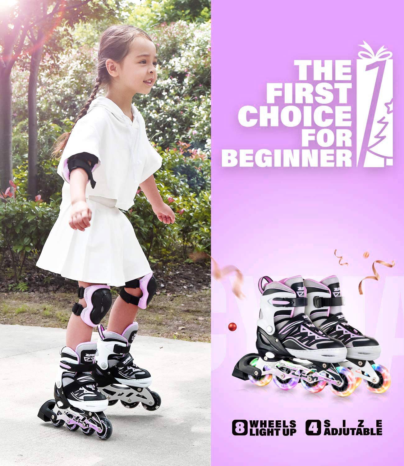 2pm Sports Adjustable Light up Inline Skates, Stylish Design Beginner Roller Skates for Boys and Girls - Purple Small