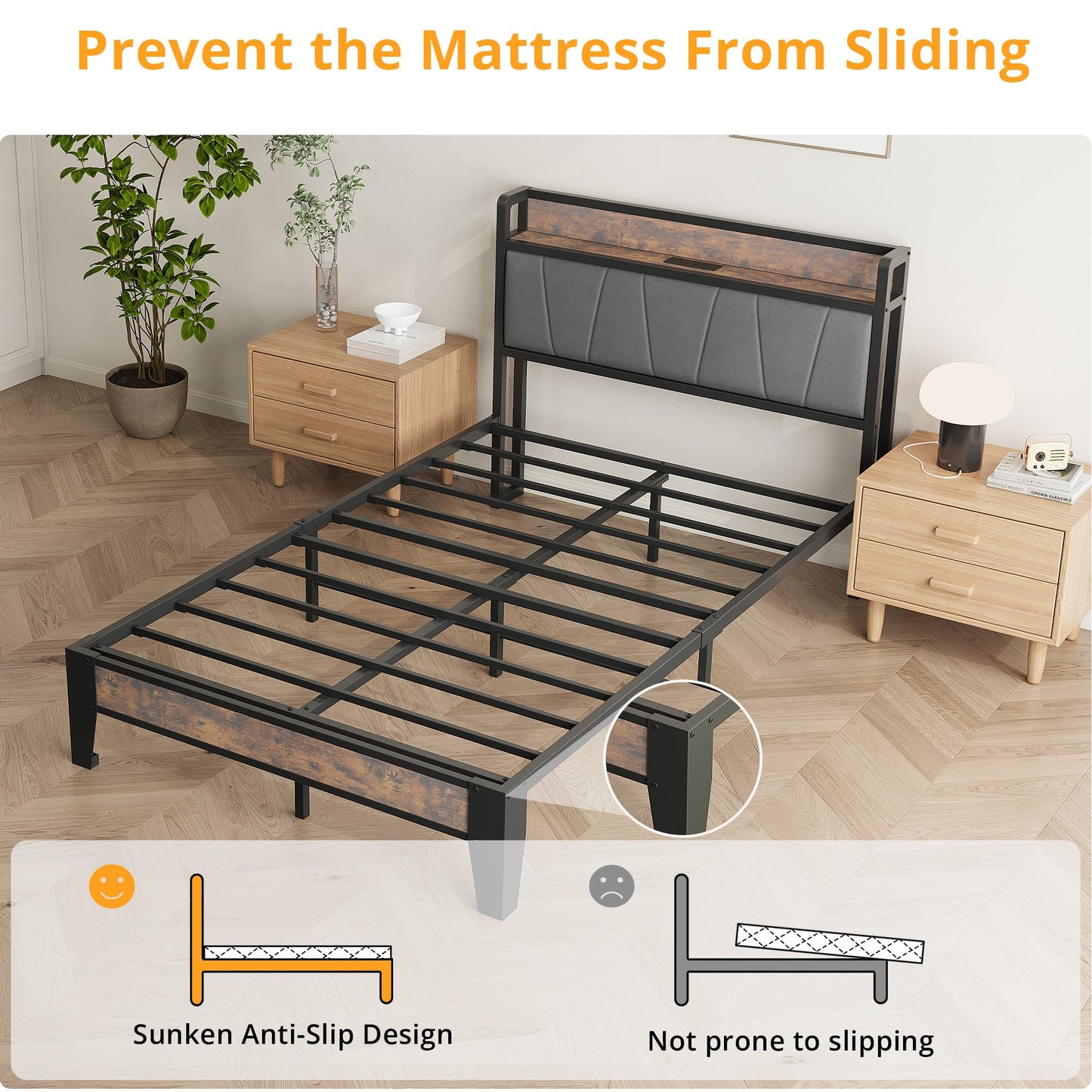 IRONCK Small Double Bed Frame with Storage Shelf Upholstered Headboard, Platform Bed Frame with Charging Station, Metal Bed Frame/UnderBed Storage