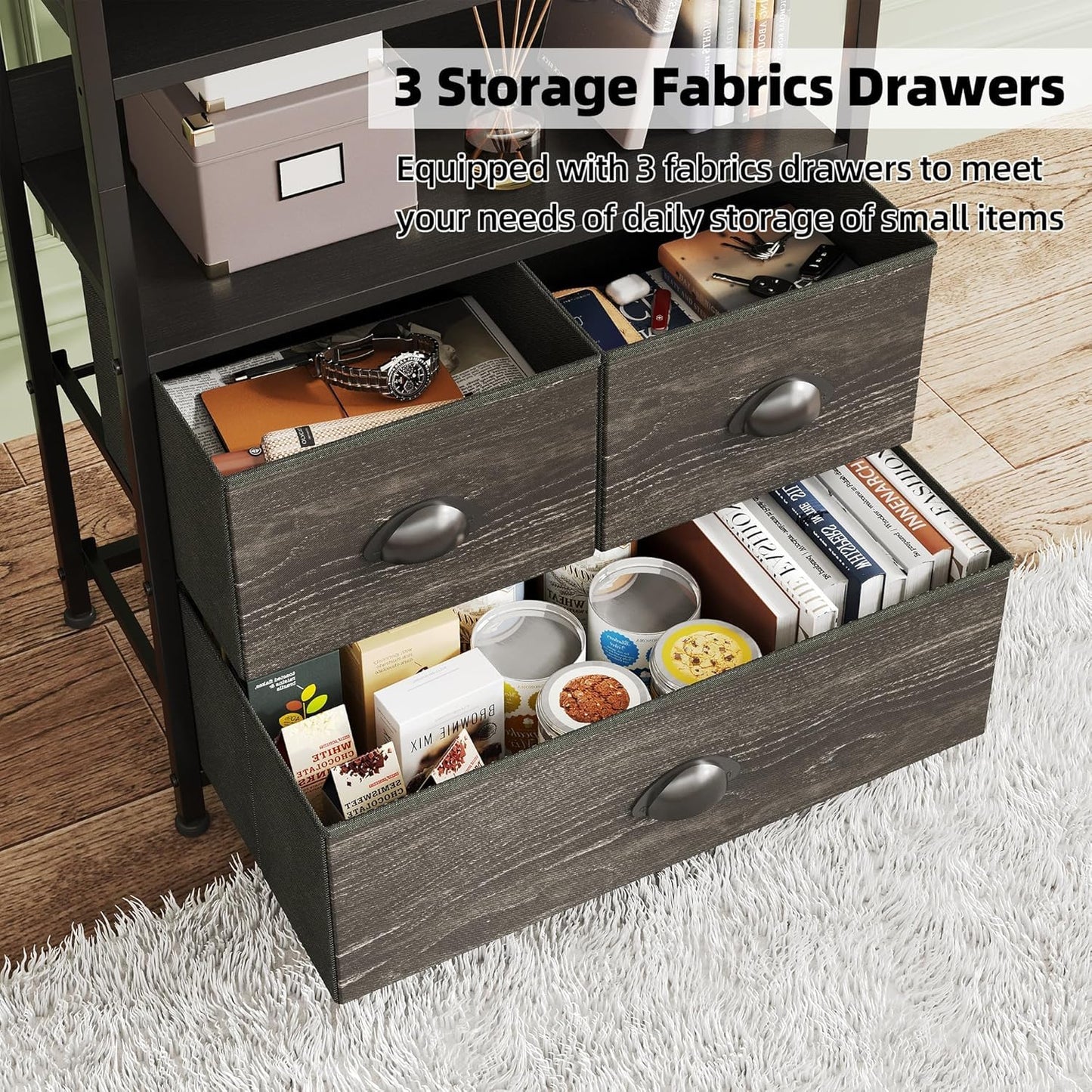 VERMESS 4-Tier Industrial Bookshelf with 3 Fabric Drawers, Storage Shelf, Bookcase with Doors, Adjustable Free Standing Display Shelf